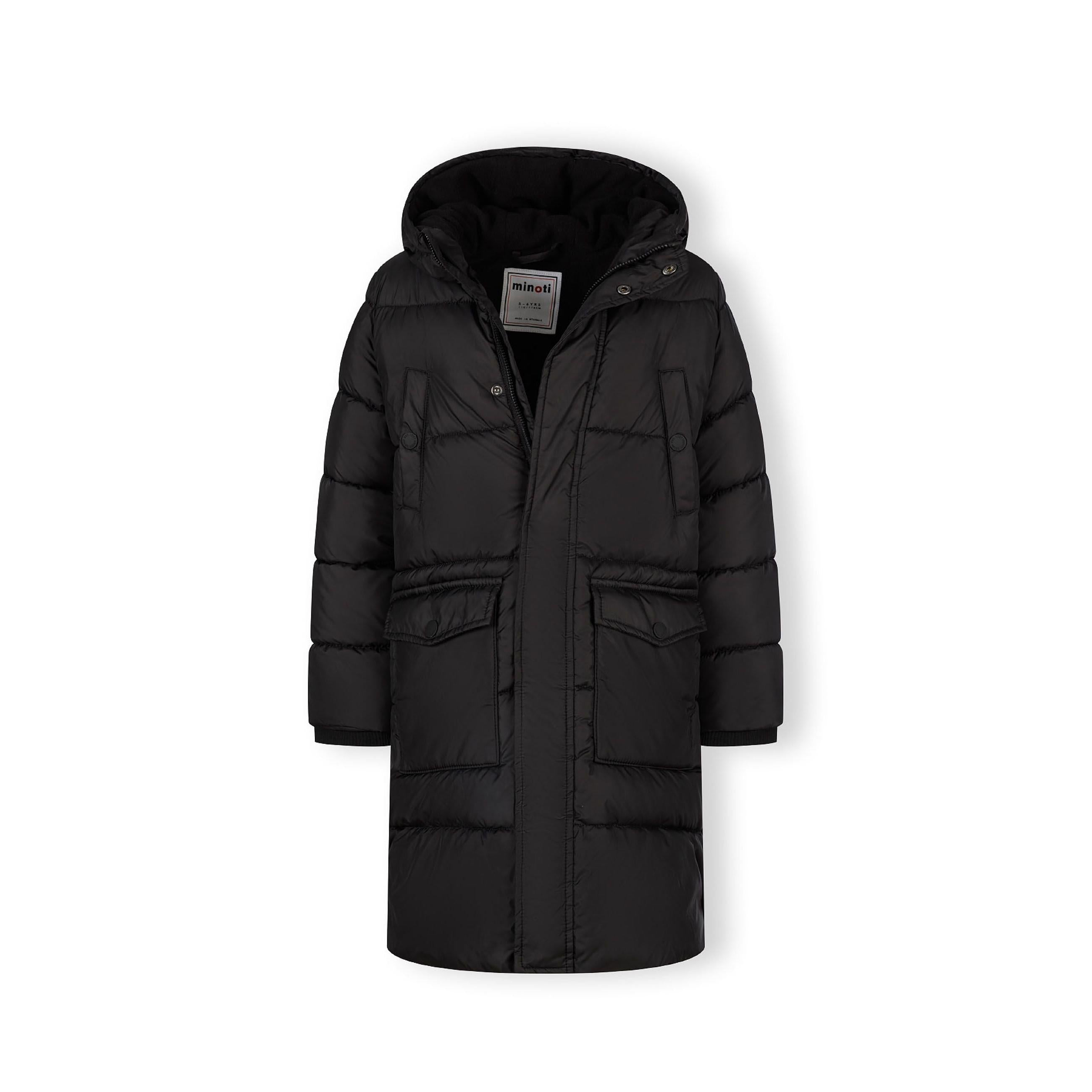 Flat lay view of black hooded long padded coat showing full front design with zip closure and multiple pockets
