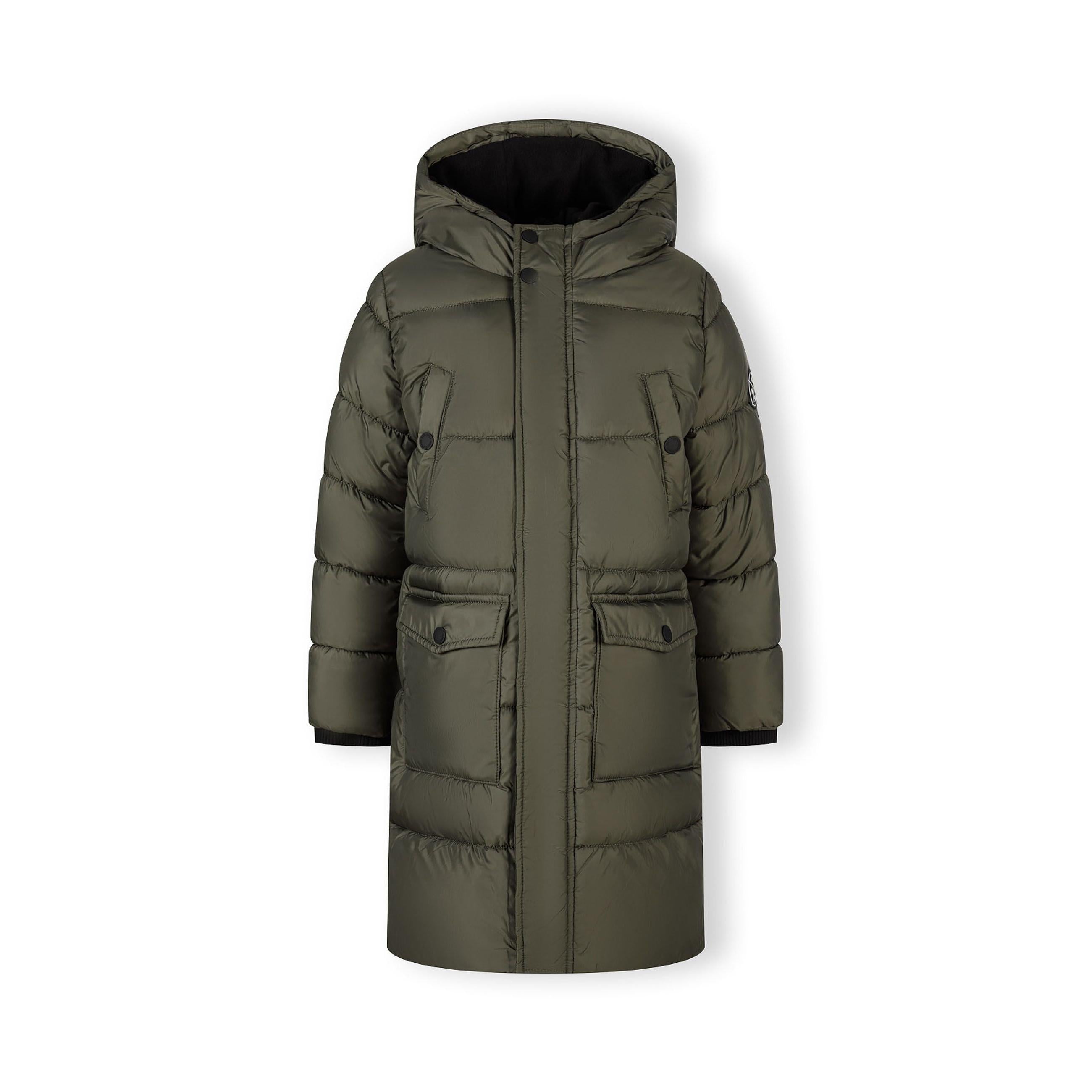 Khaki padded parka coat laid flat showing quilted design, hood, snap button closure and chest pockets on white background
