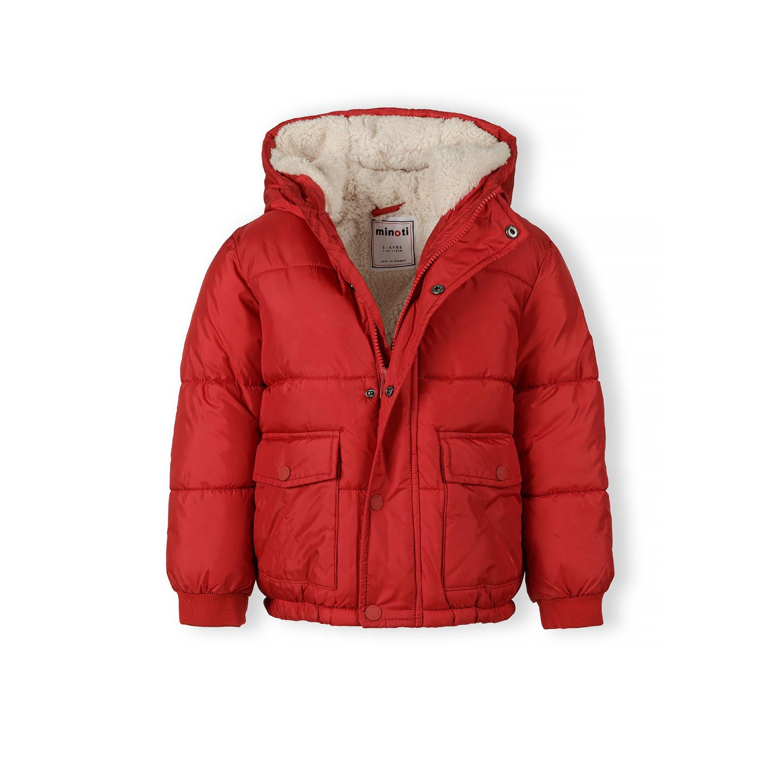 Red quilted winter jacket with teddy fleece lining visible inside hood, laid flat showing front pockets and snap closures
