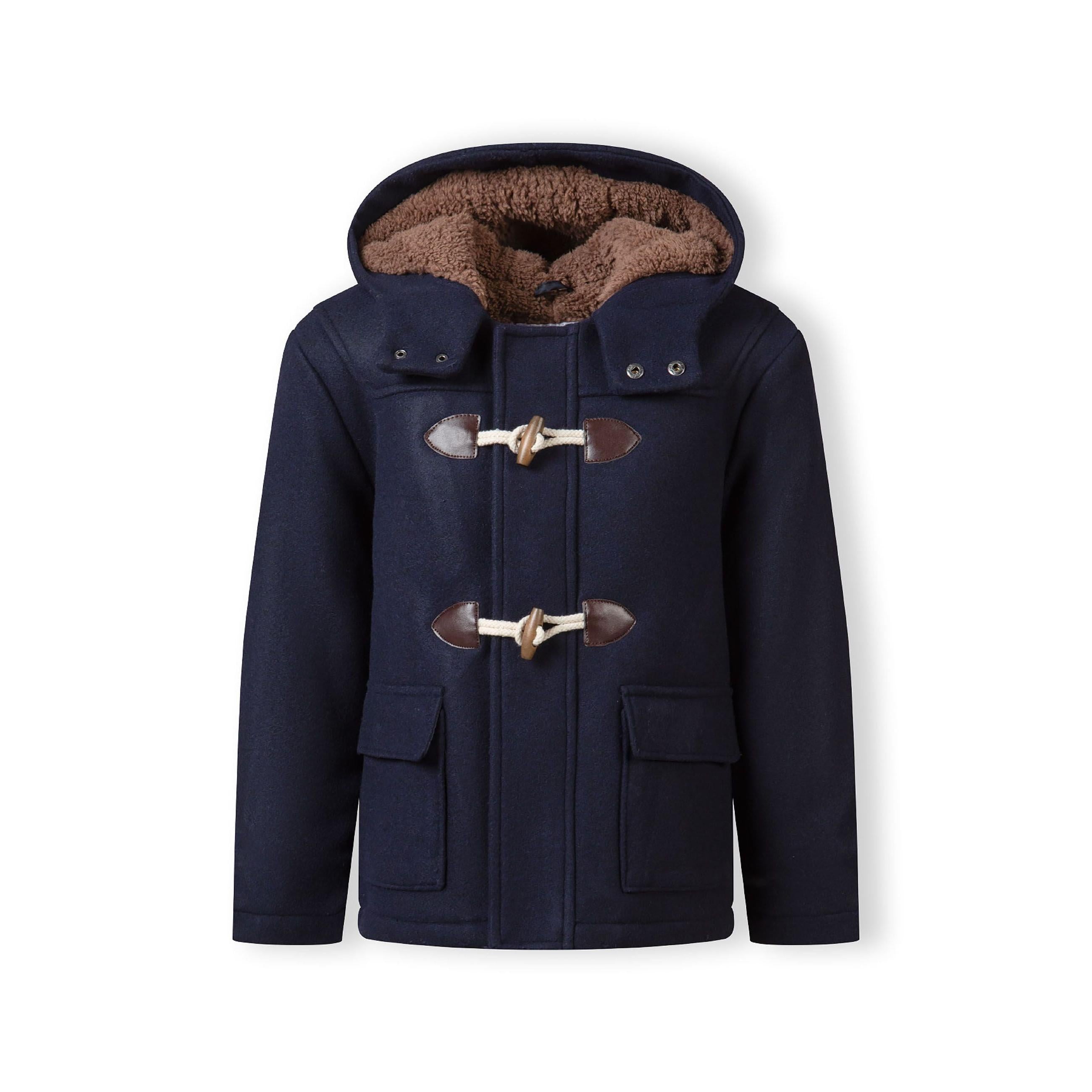 Back view of navy duffle coat showing hood construction and rear silhouette on white background