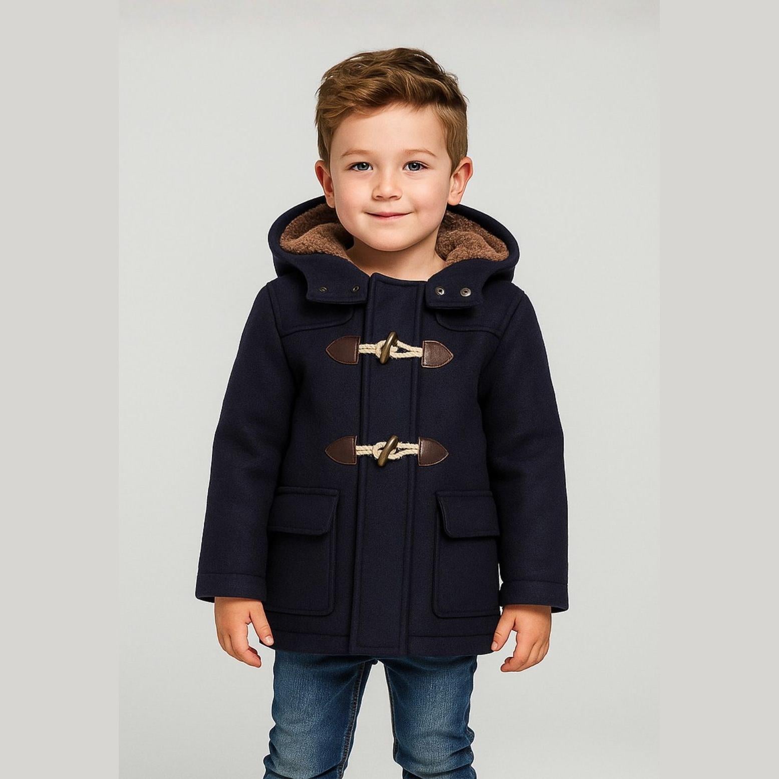 Young boy wearing navy duffle coat with toggle closures and hood, paired with jeans, standing against white background