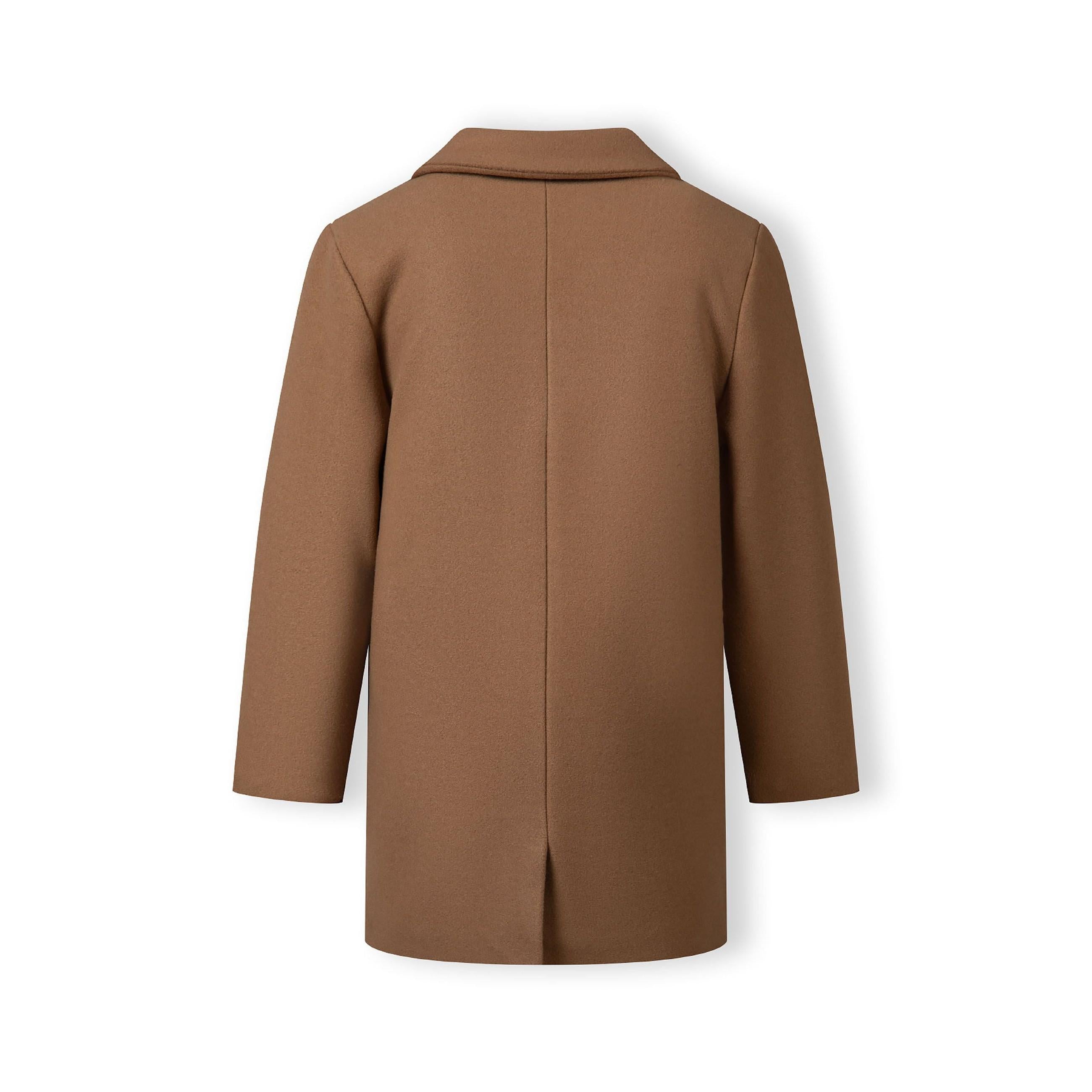 Back view of beige smart coat showing structured collar, clean lines and centre back seam detail on white background