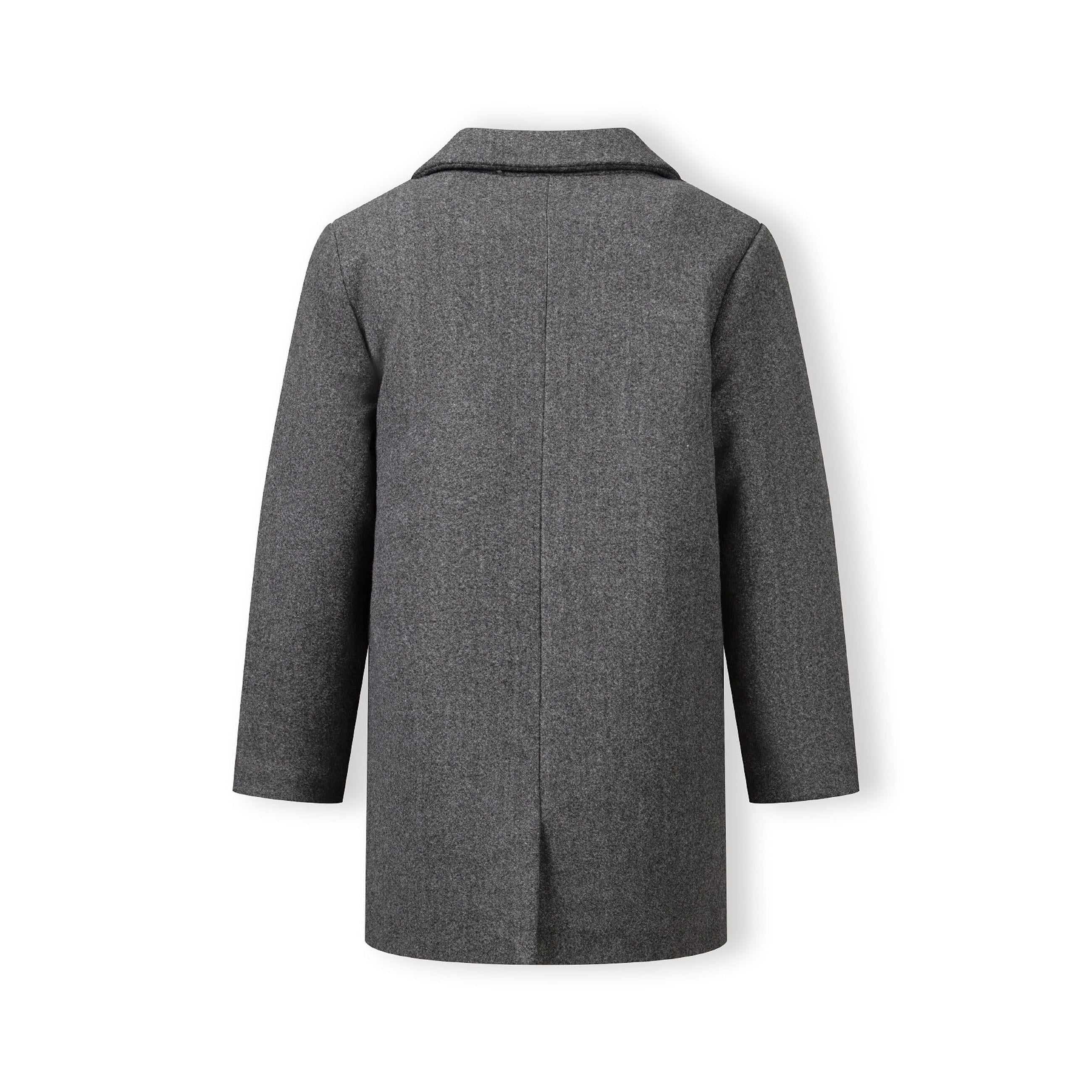 Back view of grey smart coat showing structured silhouette and seam details on plain background