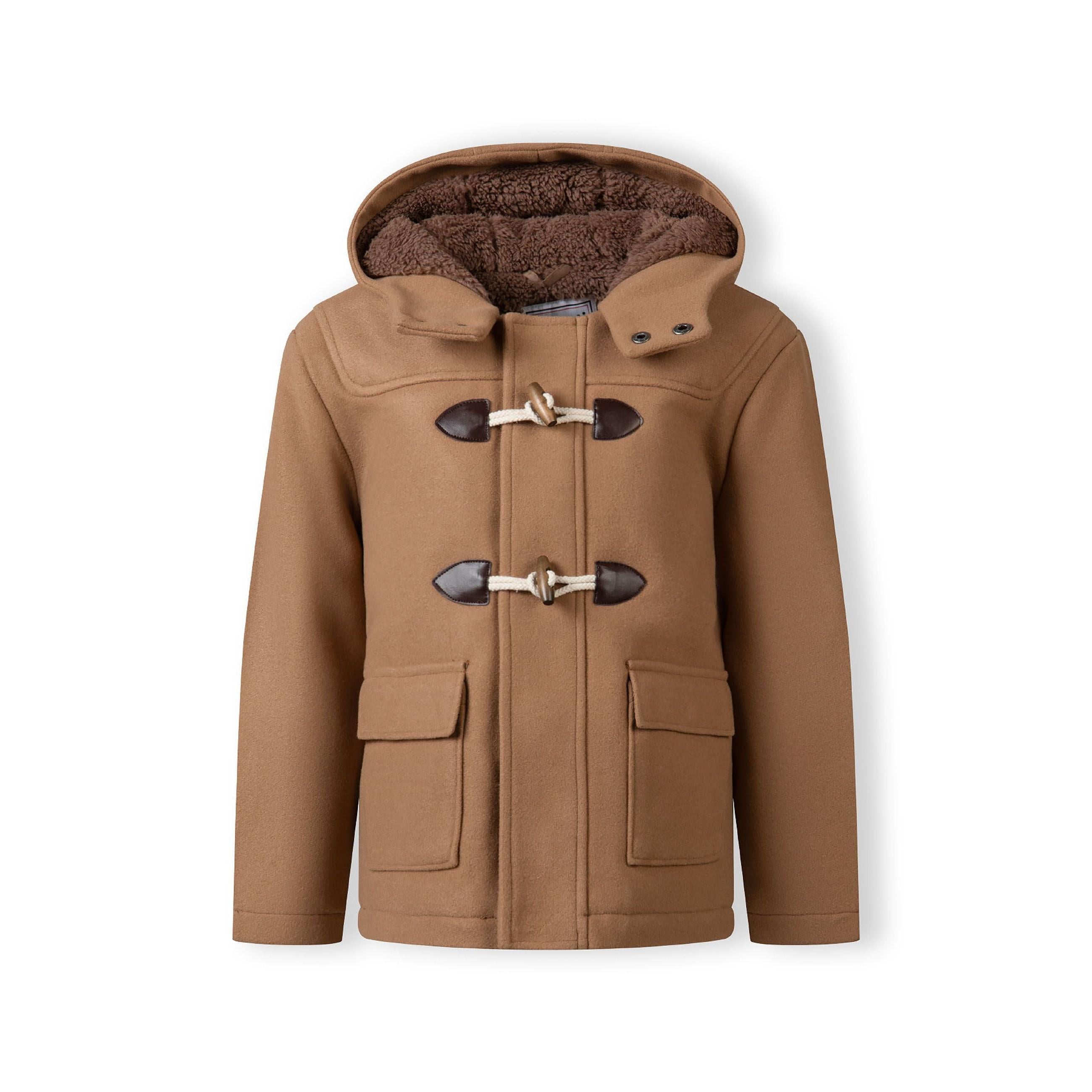 Back view of beige duffle coat showing teddy-lined hood and clean tailored silhouette against white background