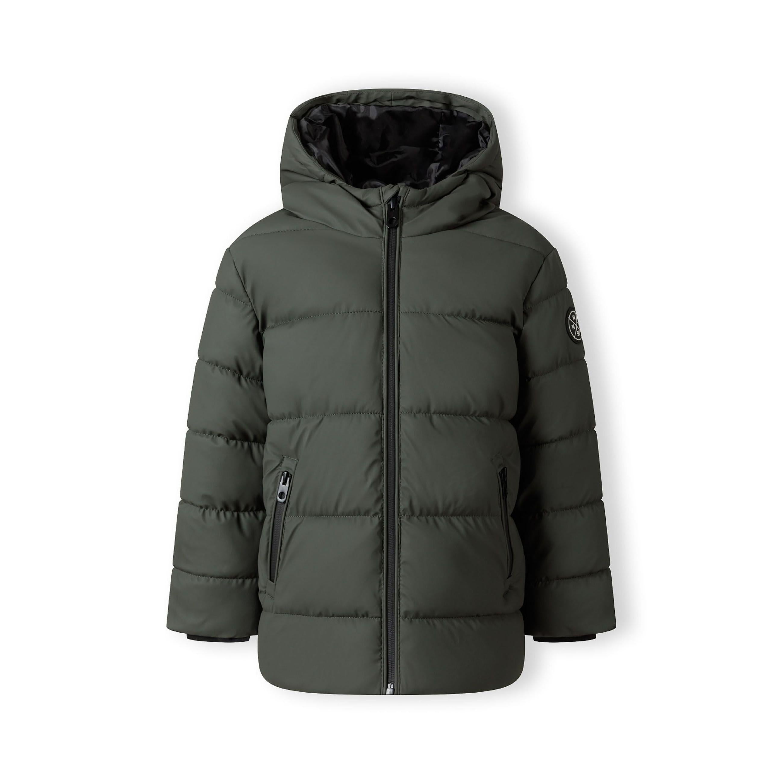 Back view of khaki padded jacket showing quilted design and hood detail on white background