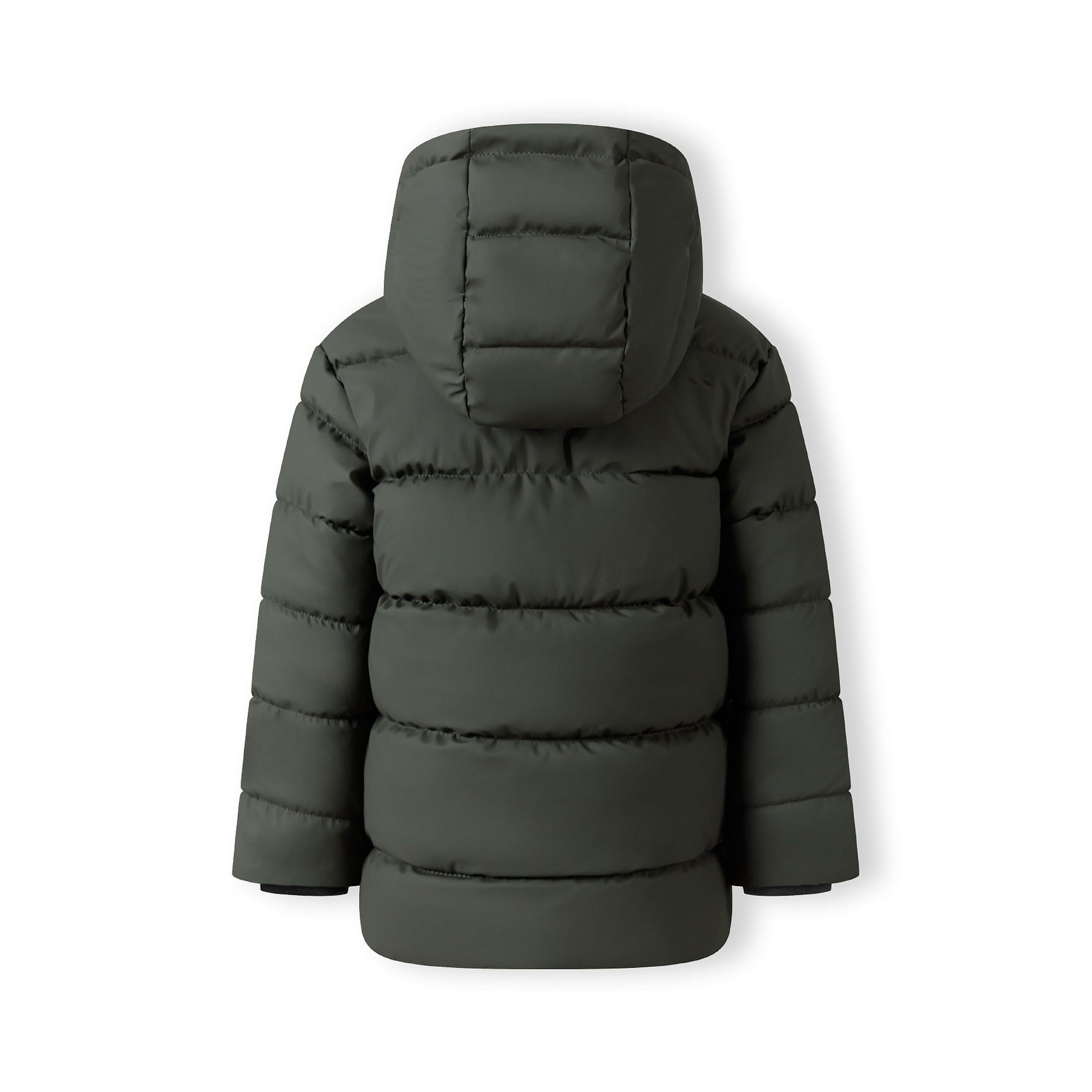 Back view of khaki padded jacket showing quilted design and hood detail on white background