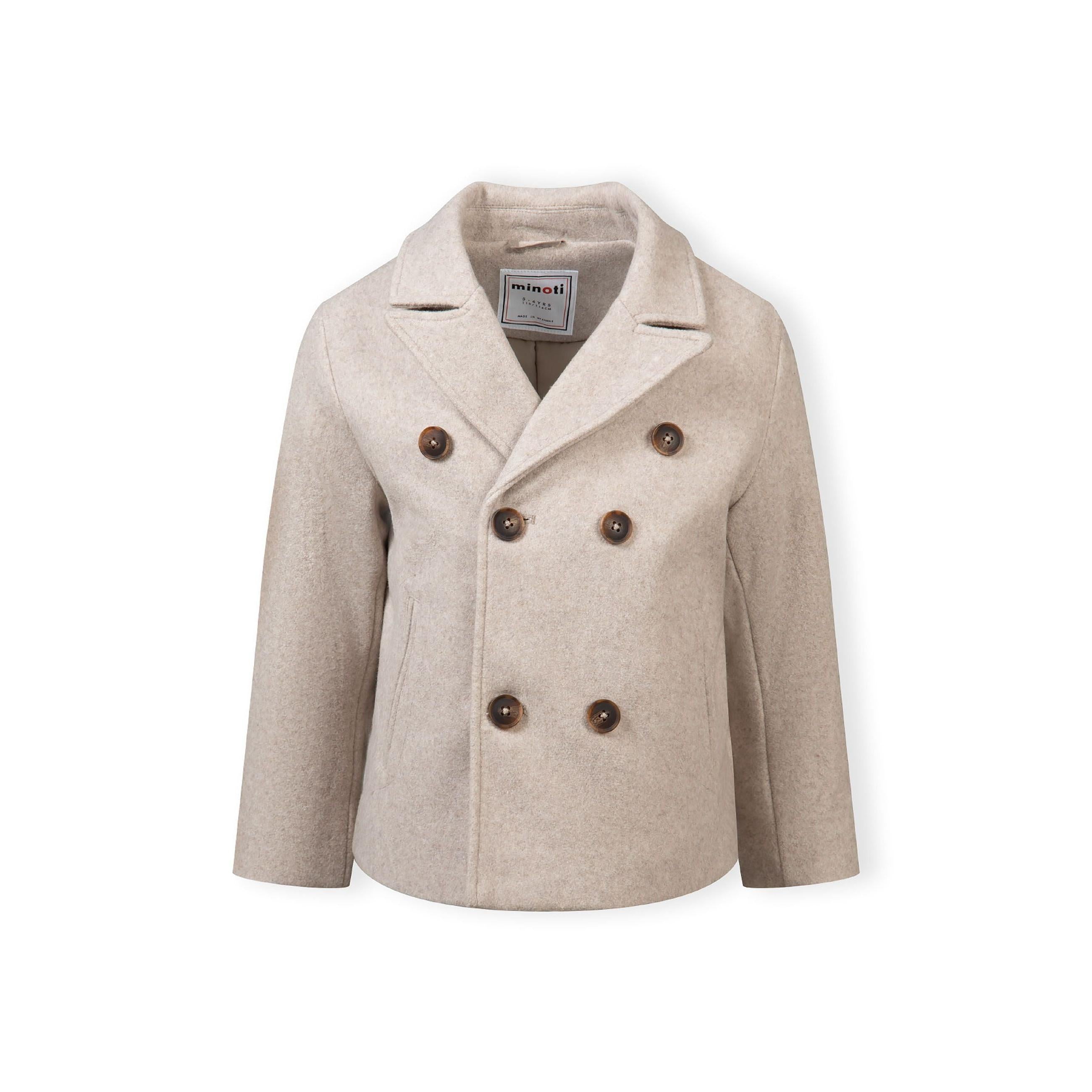 Grey double breasted coat front view showing lapel collar and brown button details on white background