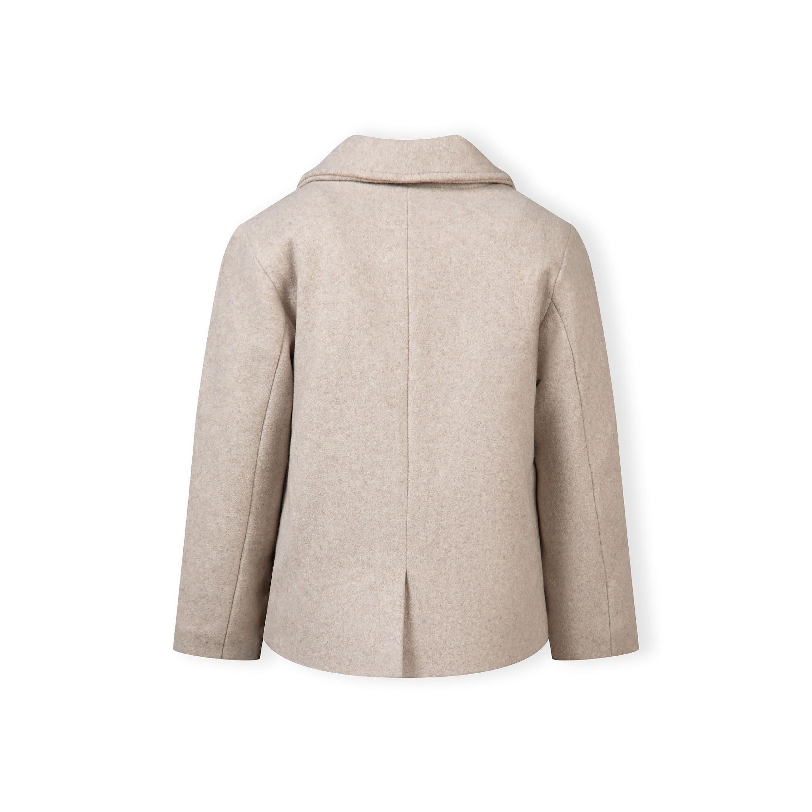 Back view of grey coat displaying structured tailoring and centre seam detail