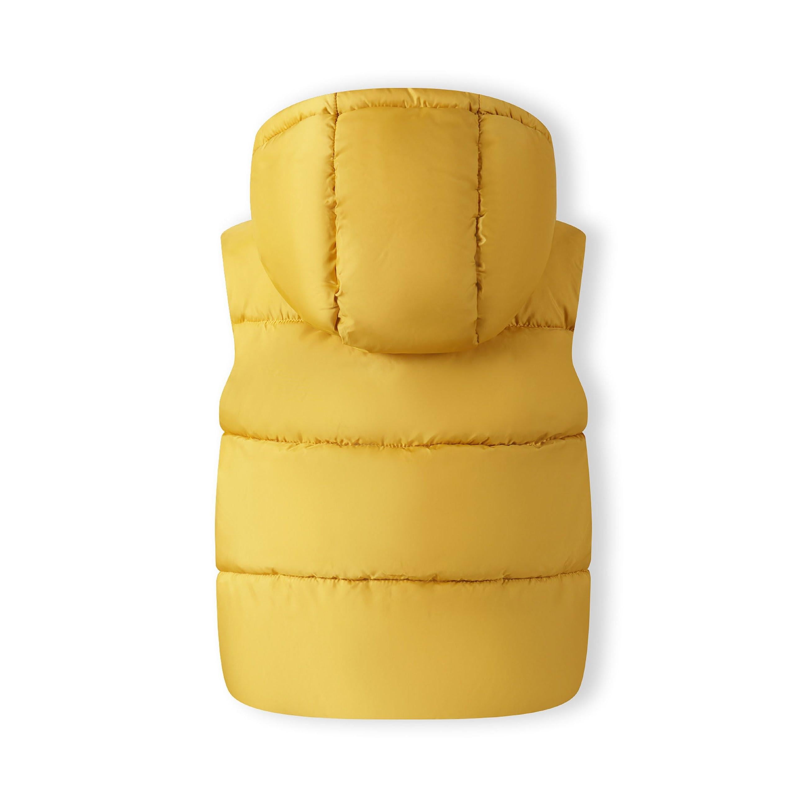Back view of mustard yellow quilted gilet showing padded construction and hood detail on white background