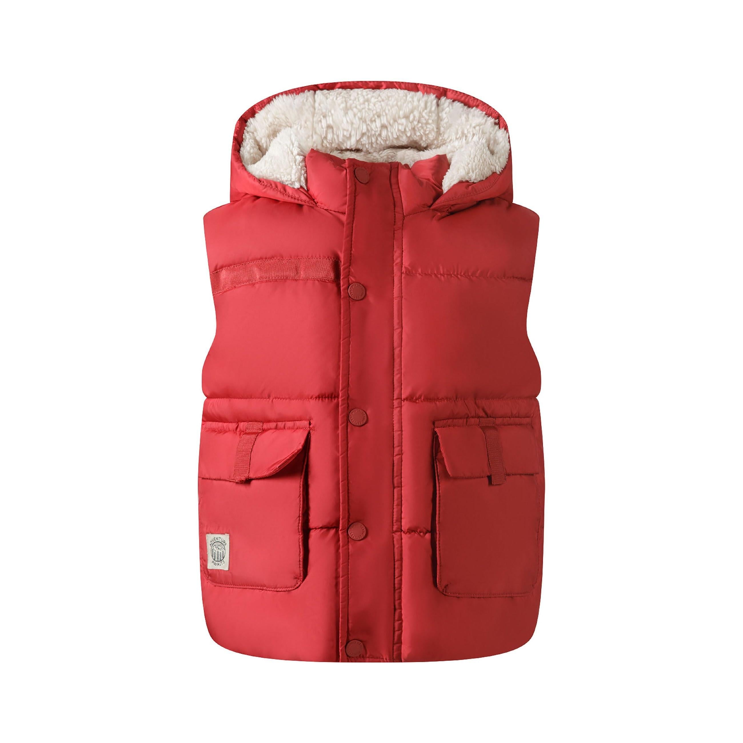 Red quilted gilet laid flat showing back view with horizontal quilting pattern on white background