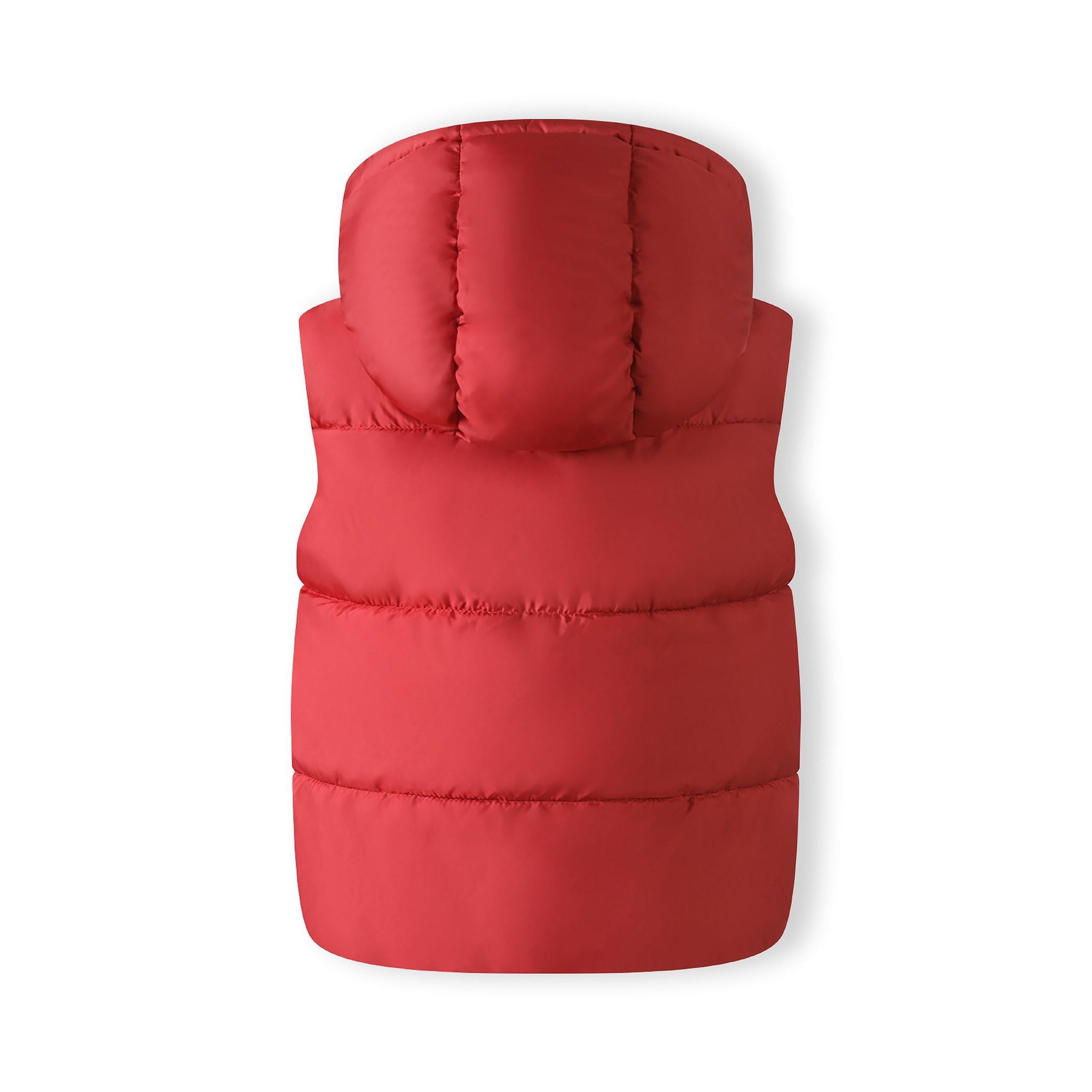 Red quilted gilet laid flat showing back view with horizontal quilting pattern on white background