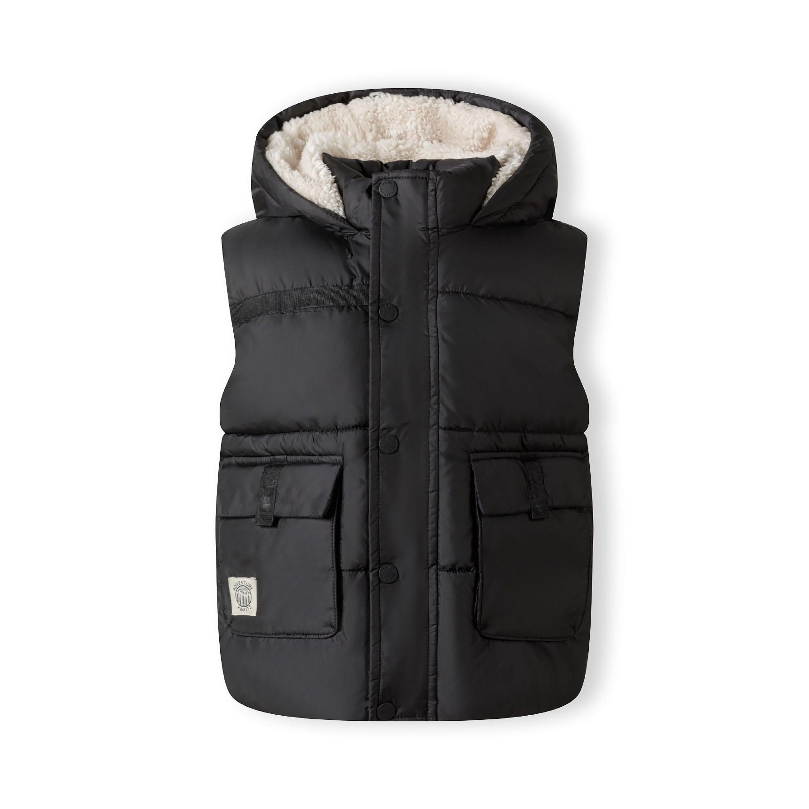 Back view of black quilted hooded gilet showing padded construction and hood detail on white background