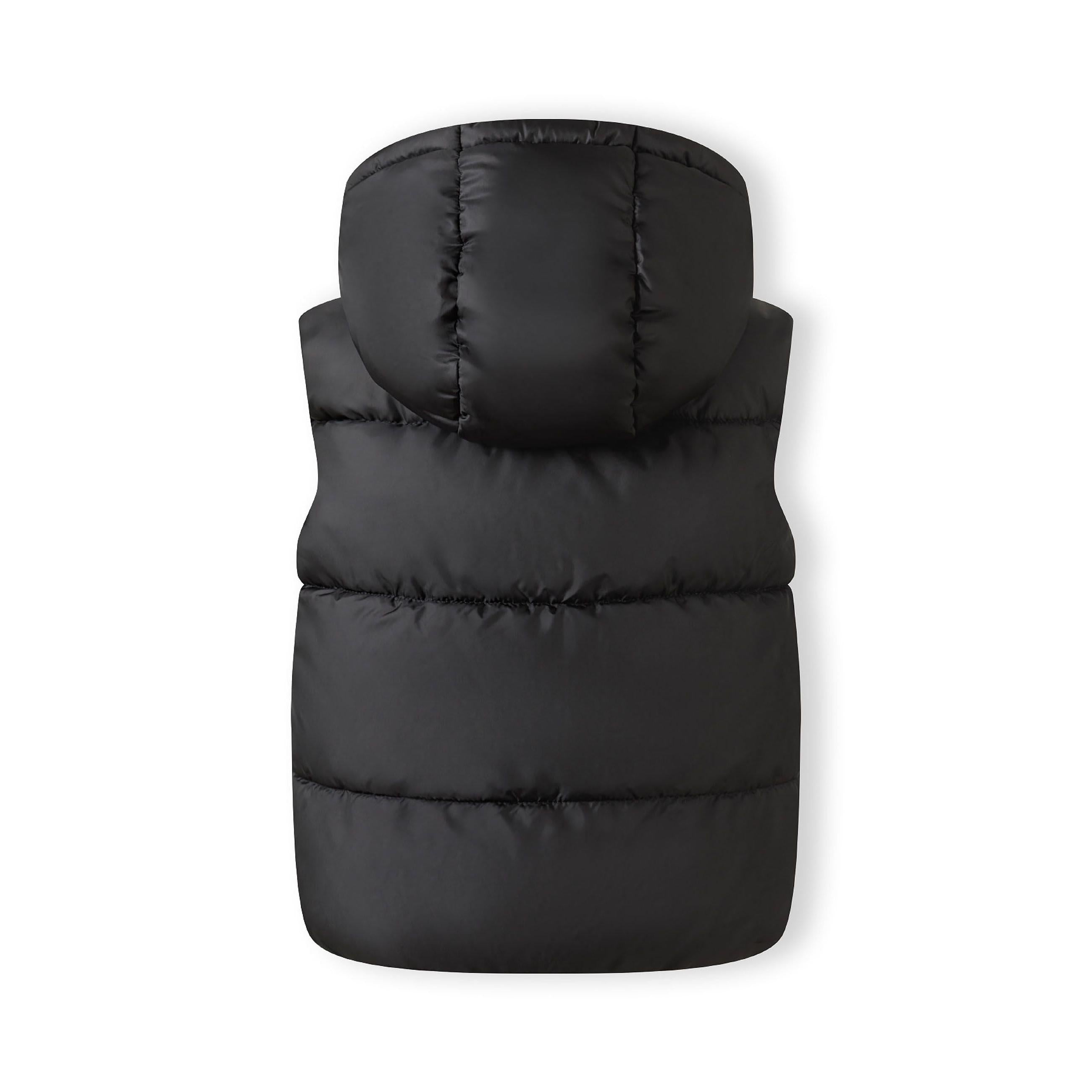 Back view of black quilted hooded gilet showing padded construction and hood detail on white background