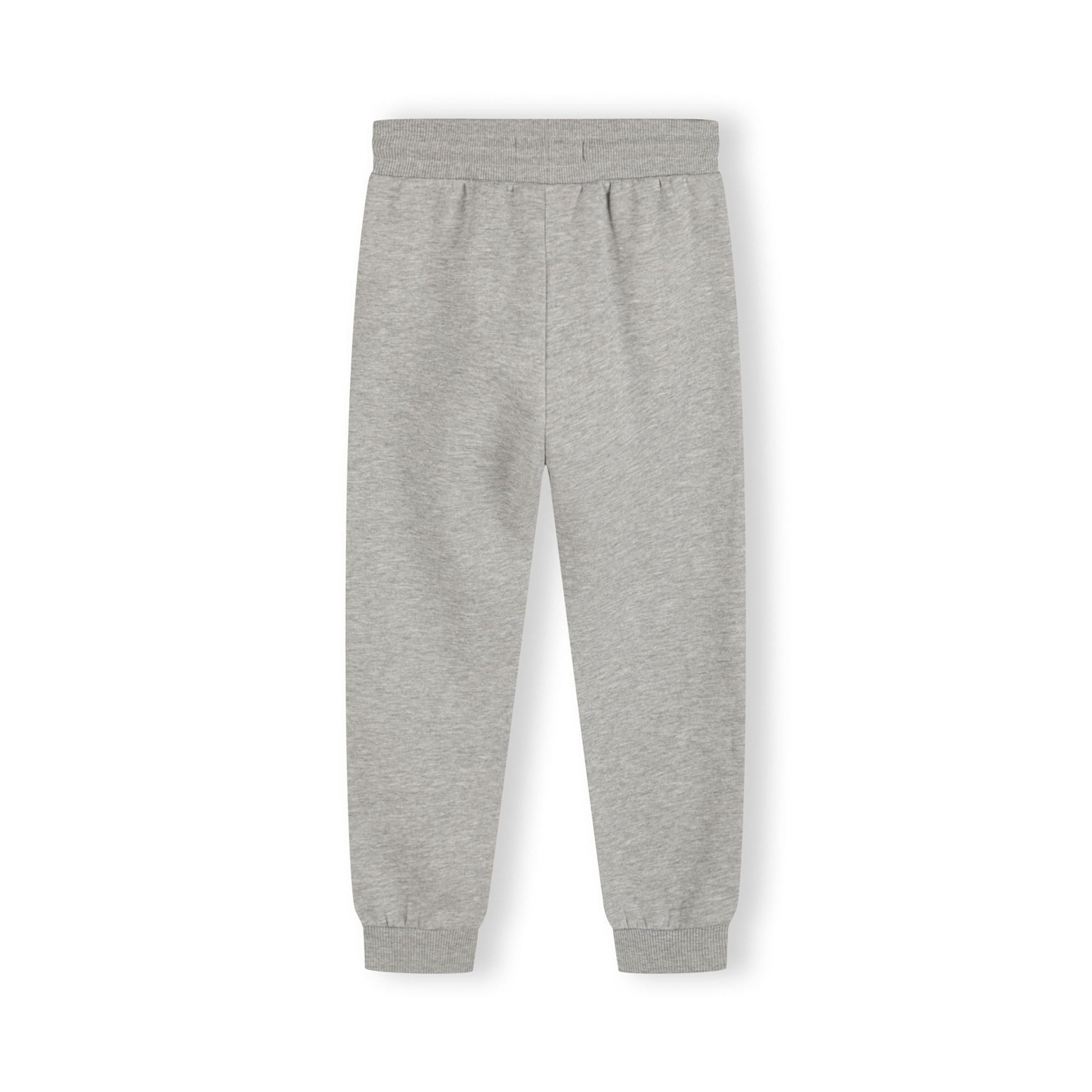 Back view of grey children's sweatpants laid flat showing ribbed waistband, back seam detail and ankle cuffs against white background