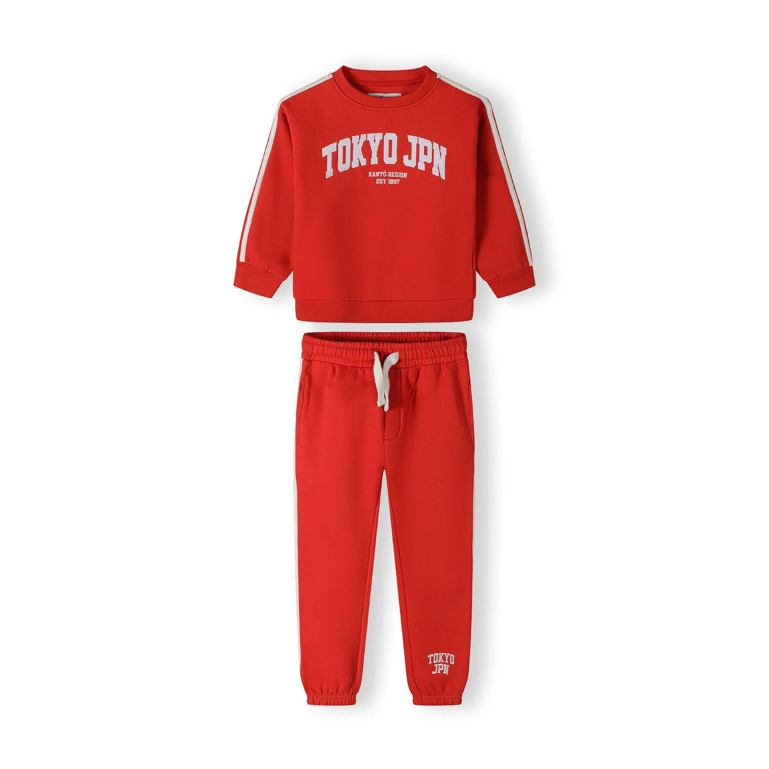 Back view of red sweatshirt from tracksuit set laid flat on white background showing plain design