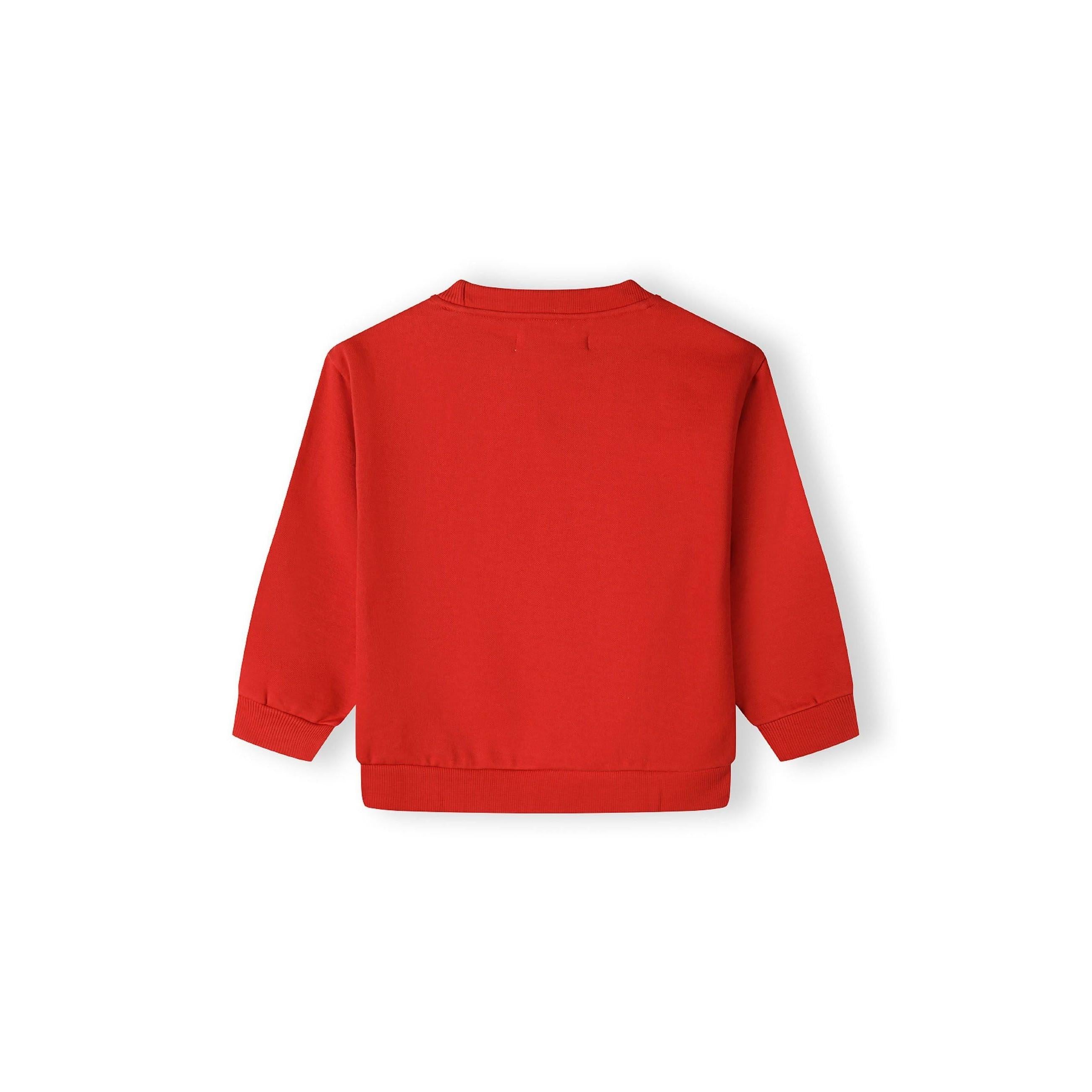 Back view of red sweatshirt from tracksuit set laid flat on white background showing plain design