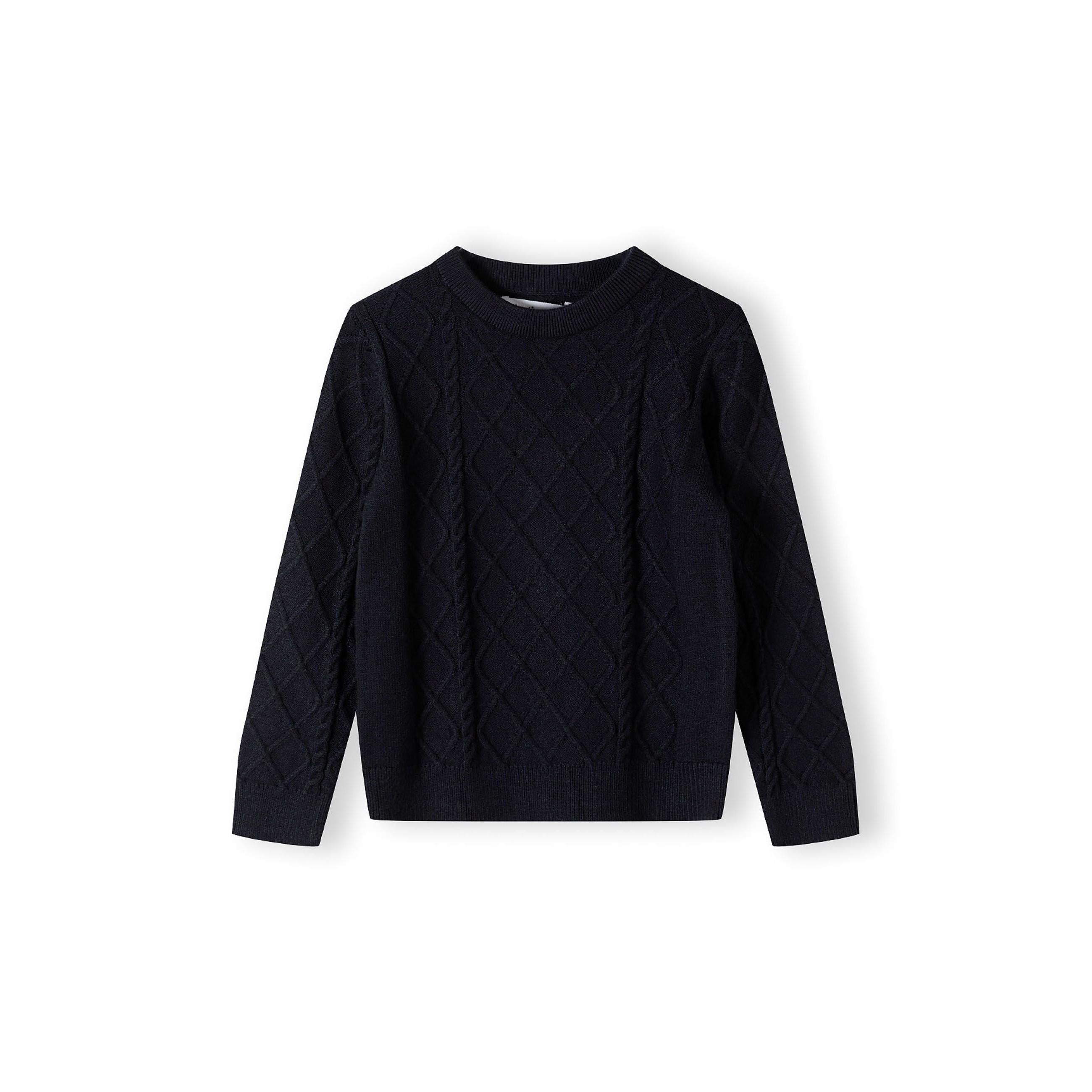 Navy cable knit jumper laid flat showing full garment with raised diamond pattern texture and crew neckline on white background