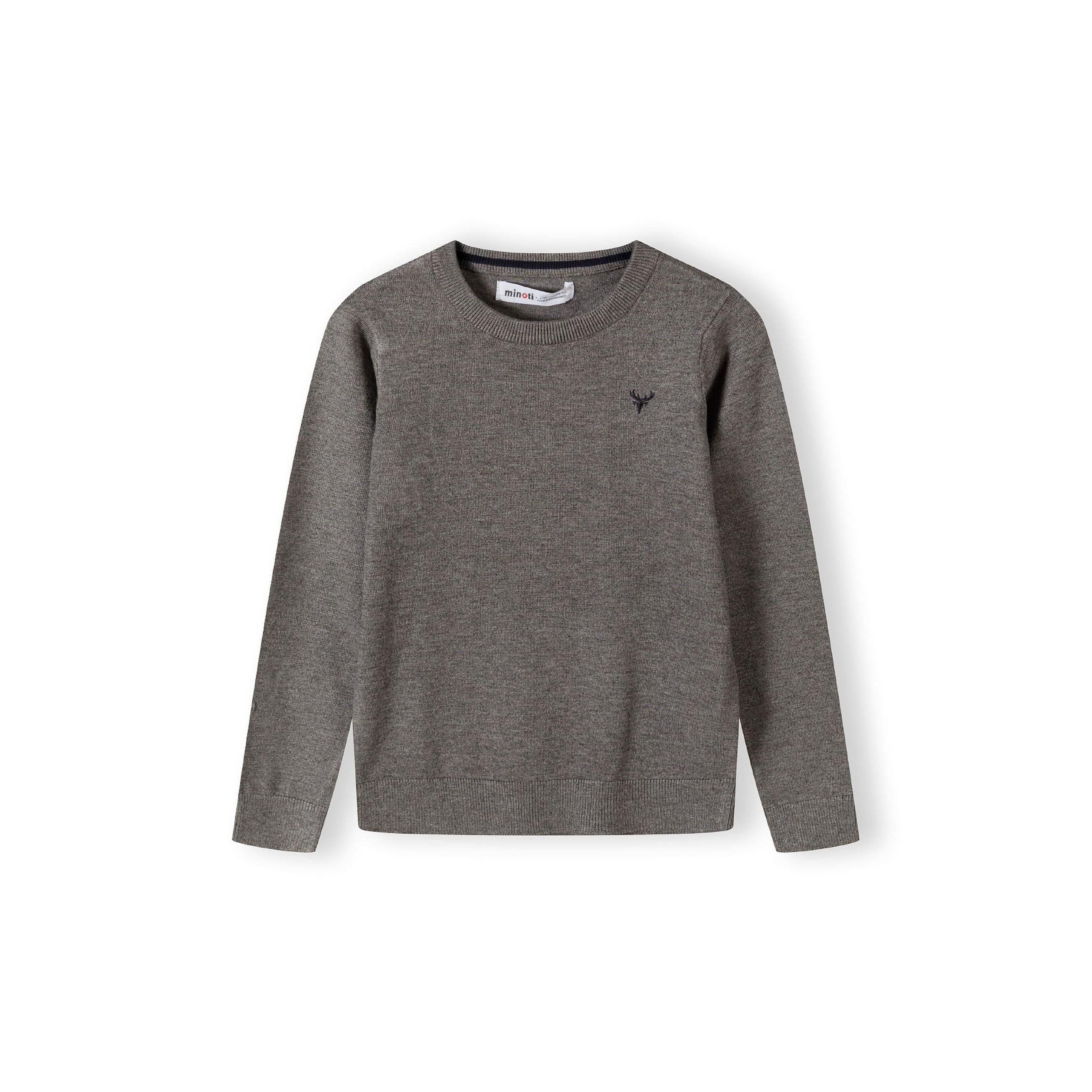 Back view of grey fine knit jumper showing plain design and ribbed hem detail on white background