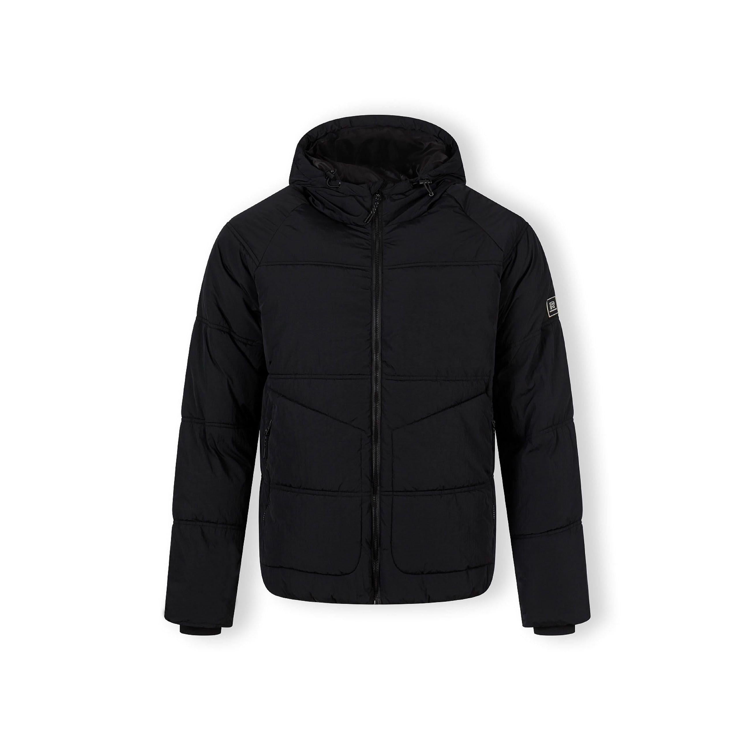 Black quilted jacket laid flat showing front view with hood, zip closure and structured quilted panels against white background