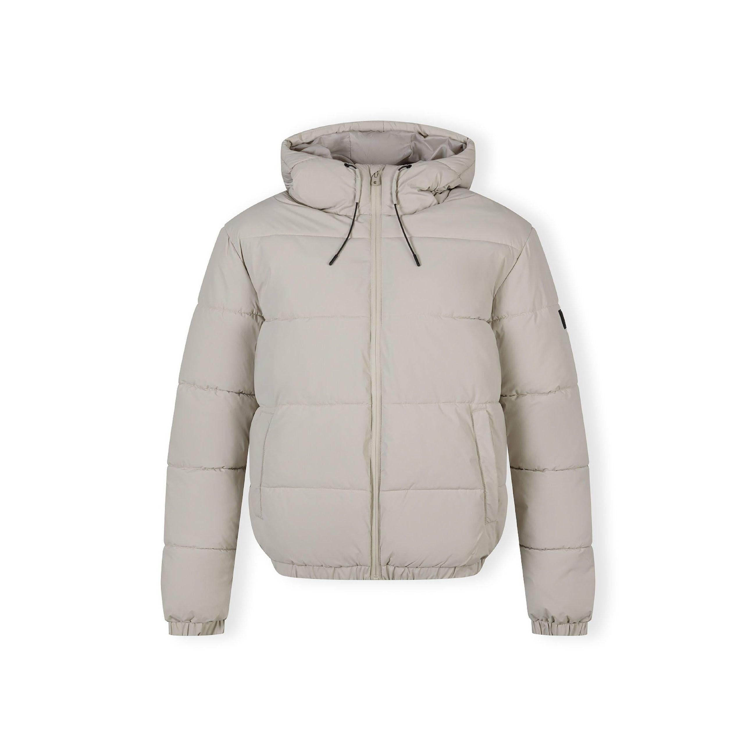 Grey ripstop jacket laid flat showing front view with hood, zip closure, elastic cuffs and quilted padding design on white background