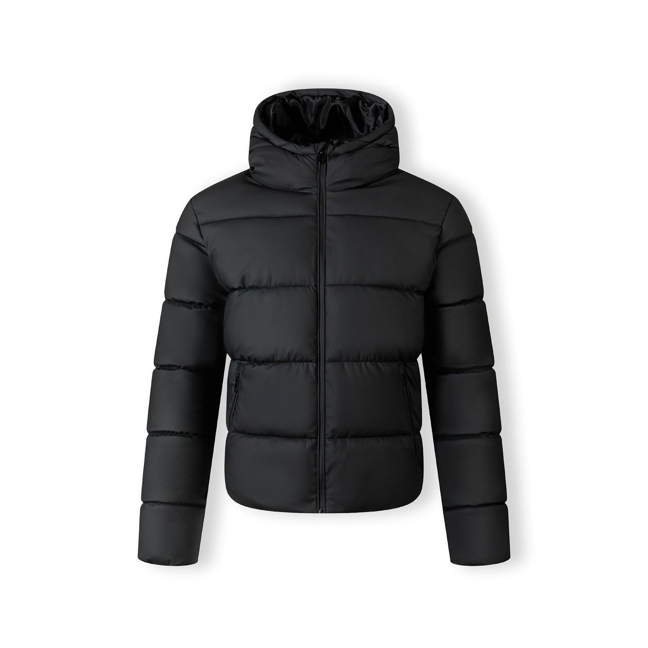 Black quilted PU jacket laid flat showing back view with hood and quilted panel design on white background