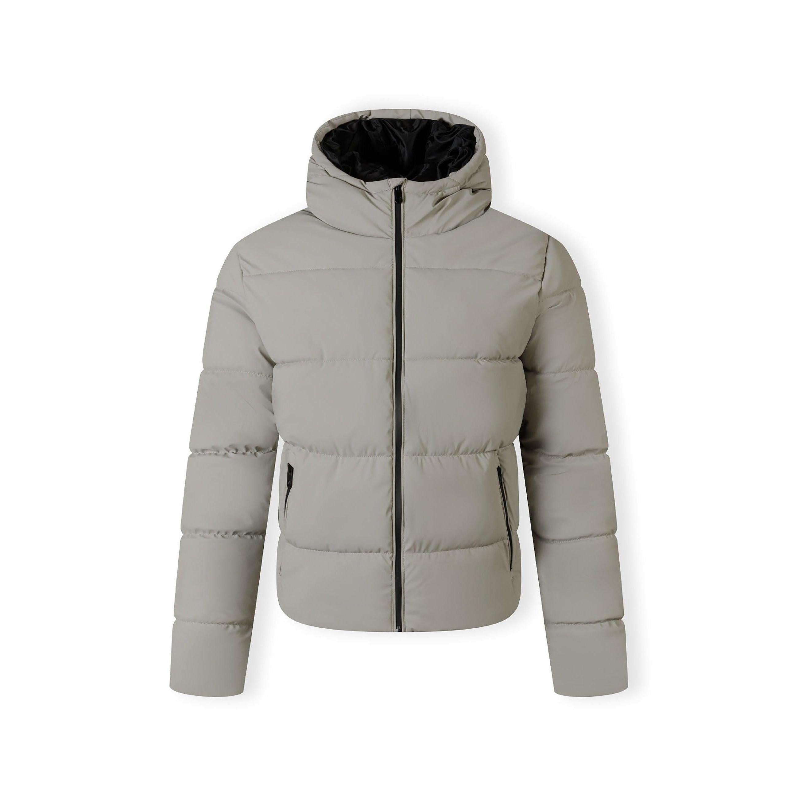 Back view of beige padded jacket showing quilted pattern, hood design and overall fit on plain white background
