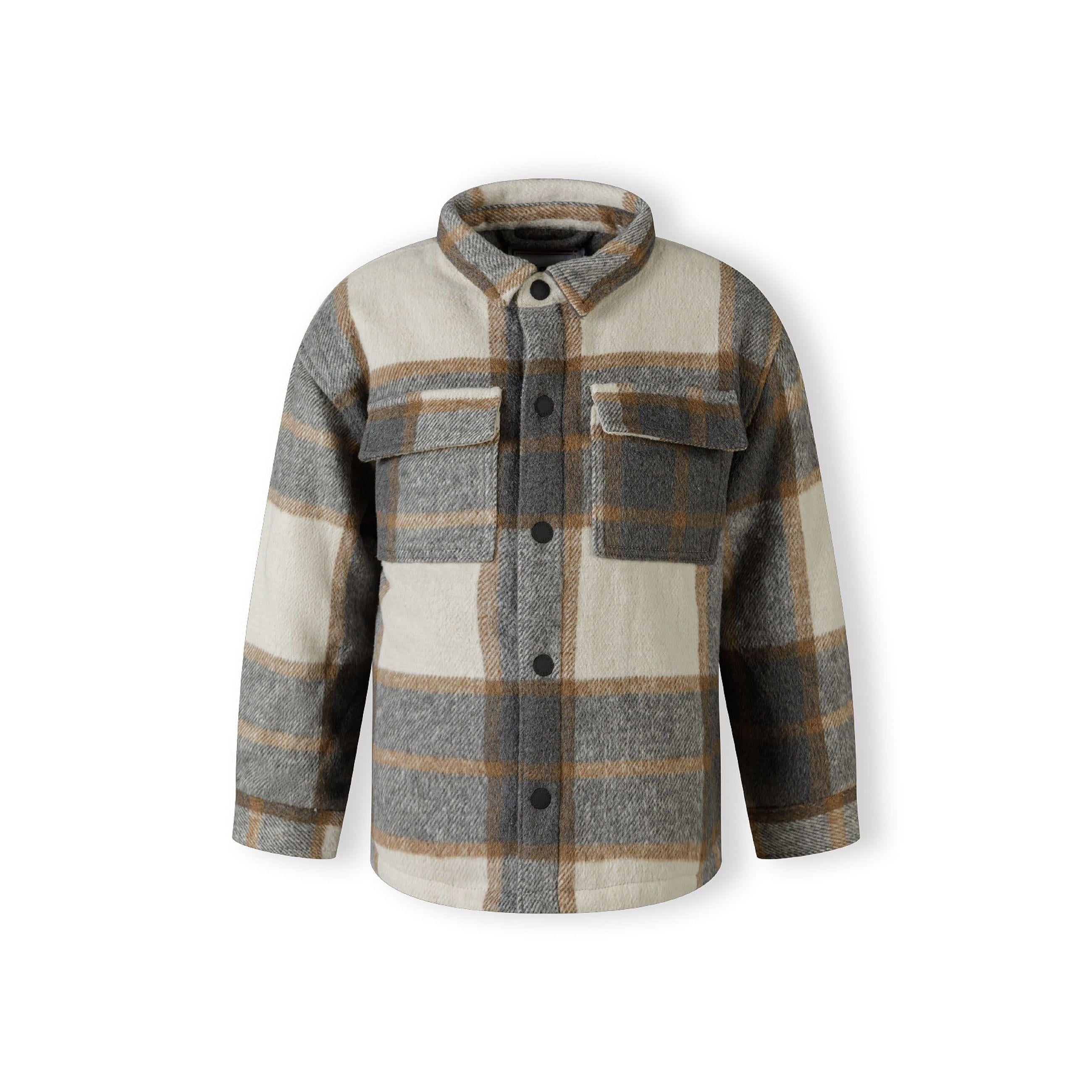 Back view of grey check wool blend padded shirt jacket showing quilted texture and plaid pattern against white background