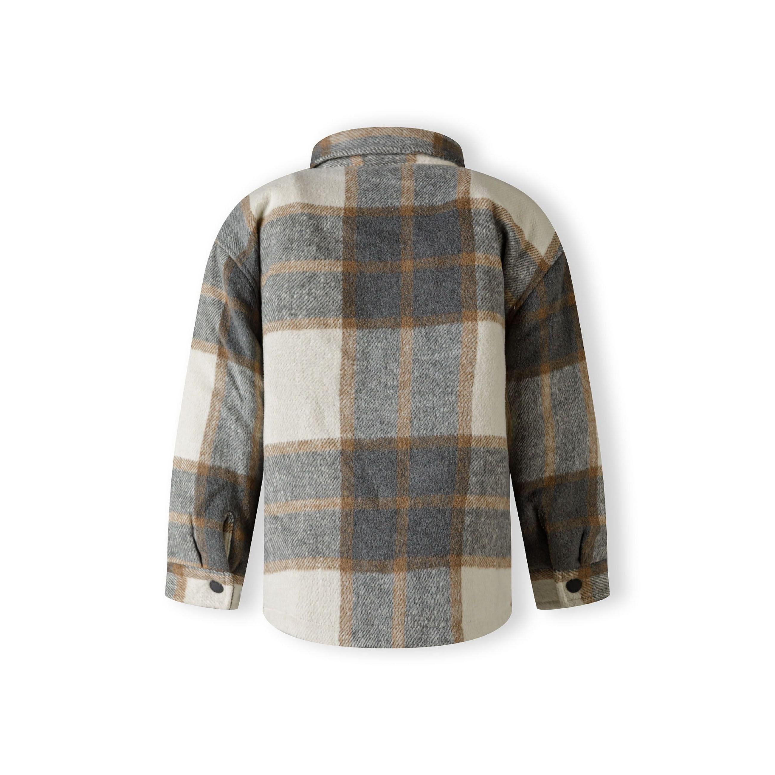 Back view of grey check wool blend padded shirt jacket showing quilted texture and plaid pattern against white background