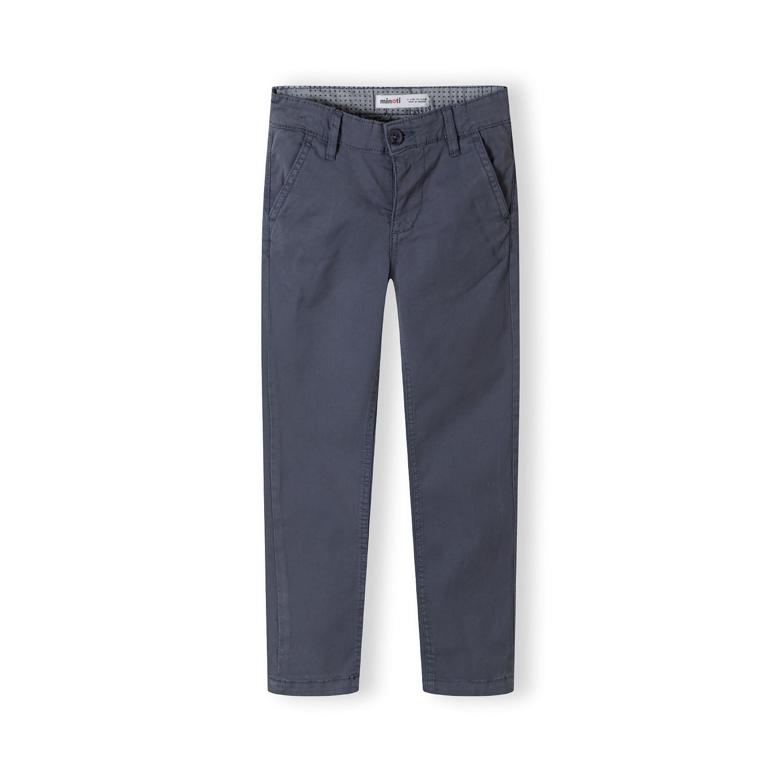 Front view of navy chino trousers with tailored fit, showing button closure, zip fly, belt loops and side pockets on white background