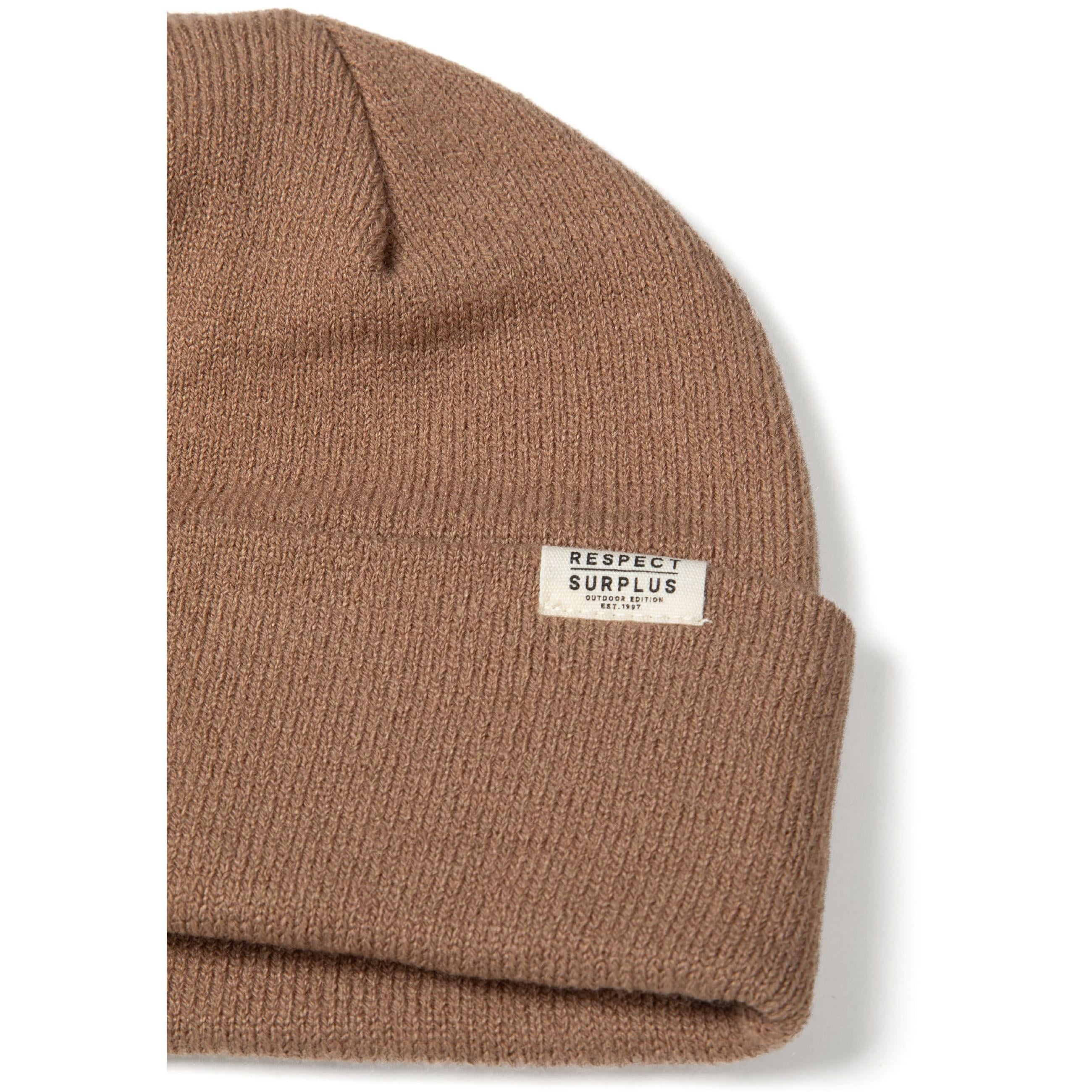 Single grey ribbed beanie hat with fold-up cuff and white brand label displayed flat on white background