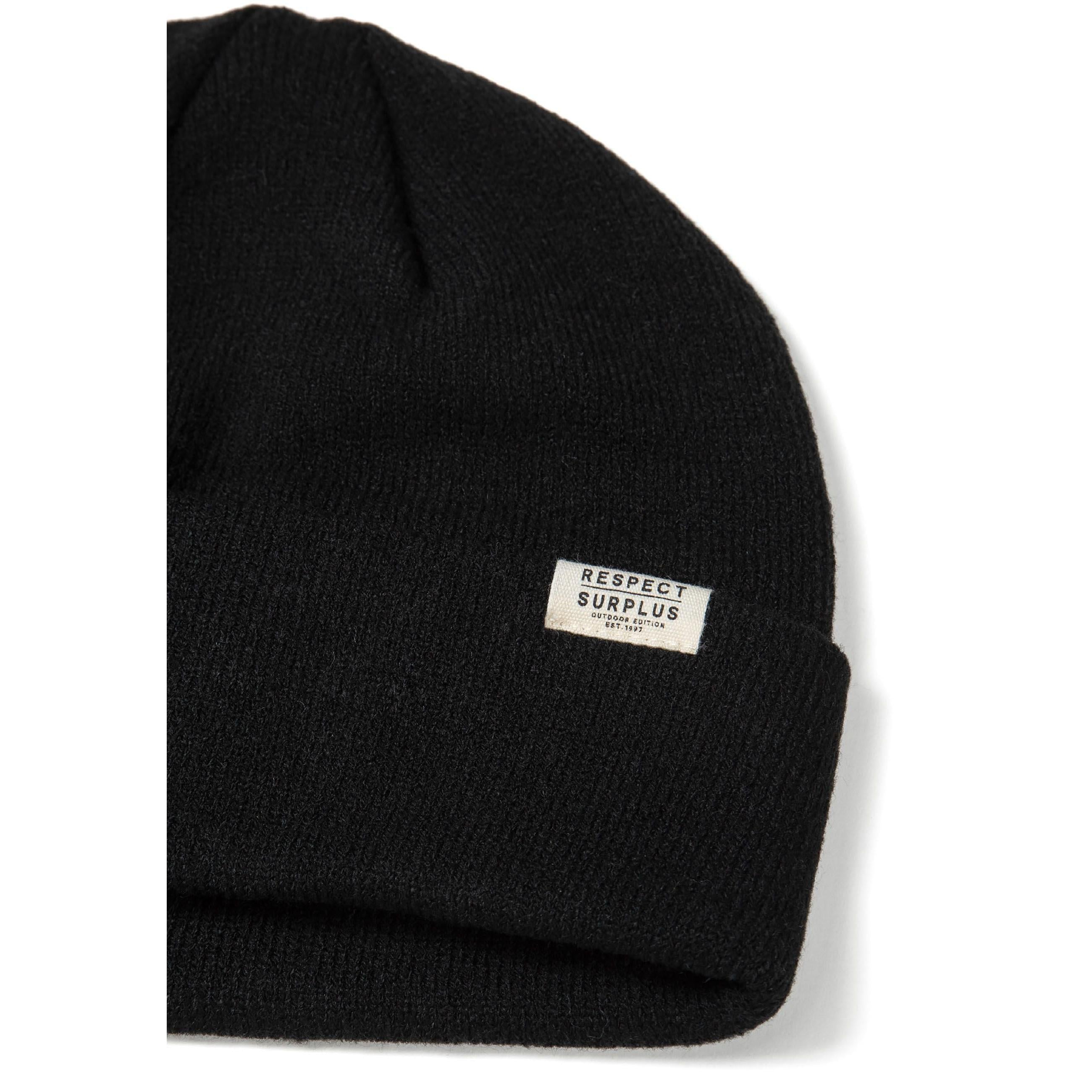 Single grey ribbed beanie hat with fold-up cuff and white brand label displayed flat on white background