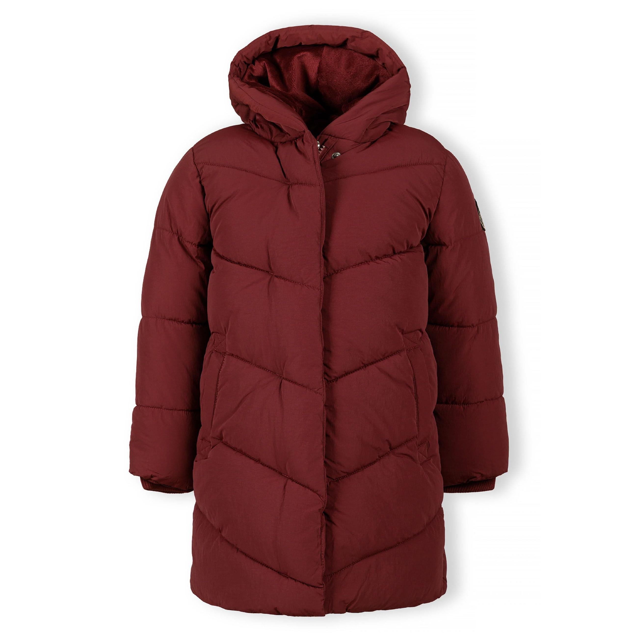 Burgundy quilted jacket laid flat showing diagonal quilting pattern, zip front closure with Minoti label visible