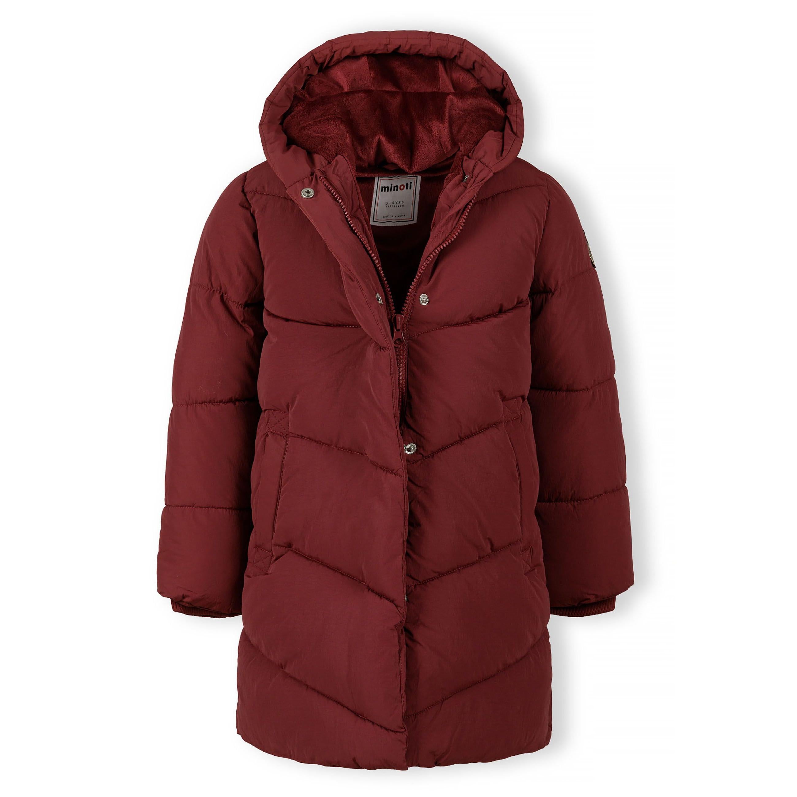 Burgundy quilted jacket laid flat showing diagonal quilting pattern, zip front closure with Minoti label visible