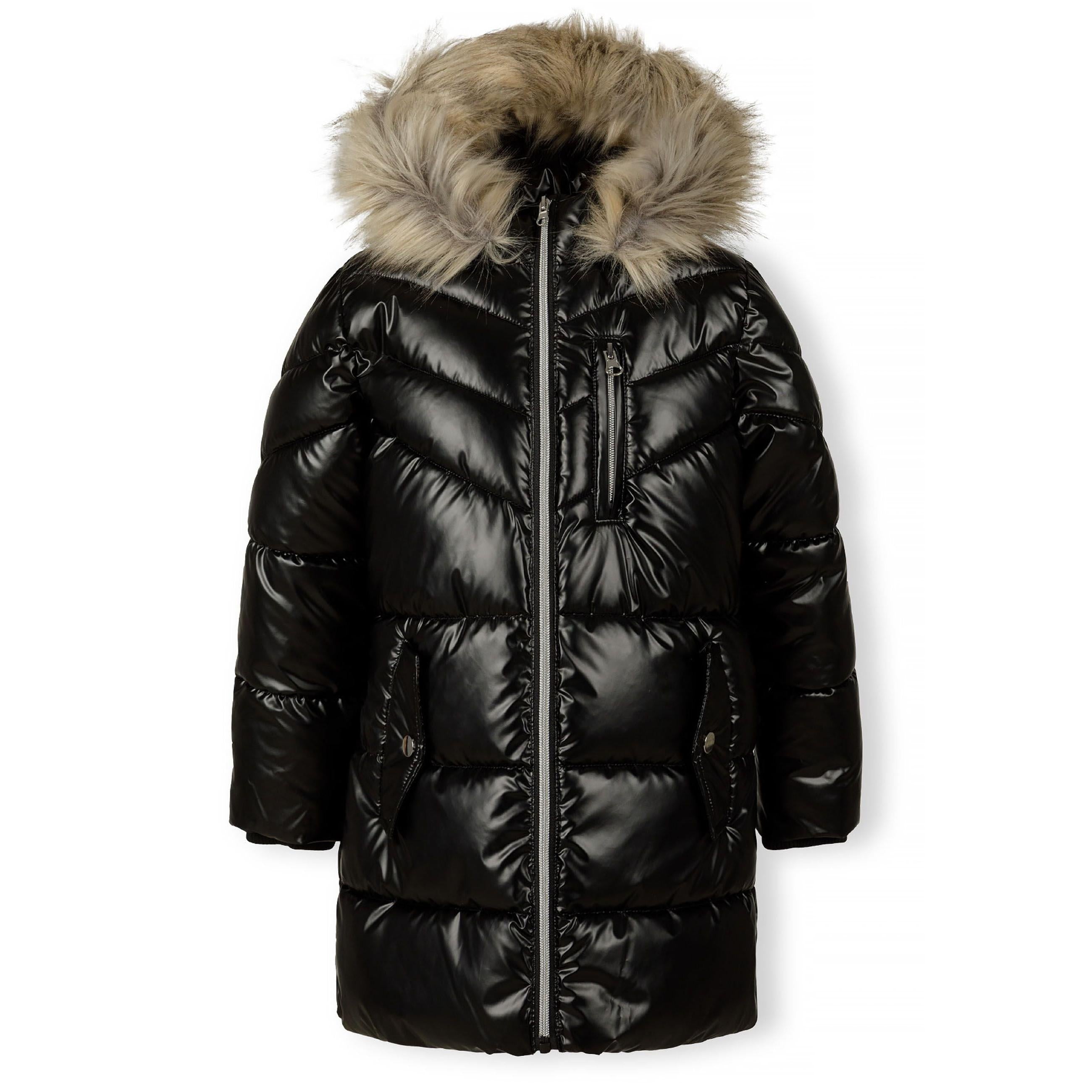 Black quilted winter parka laid flat showing front view with Minoti label visible, hood with faux fur trim and multiple pockets on white background