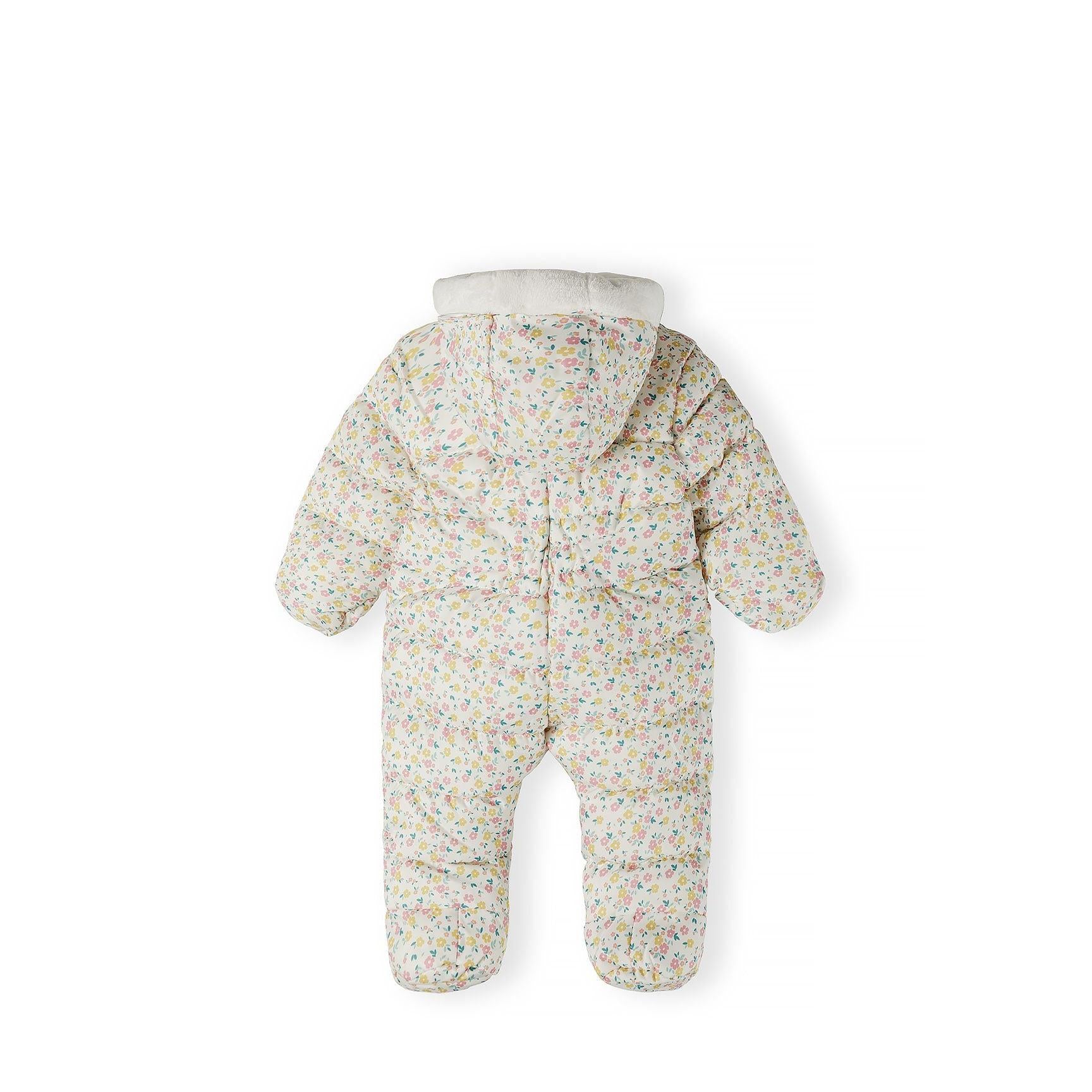 Back view of floral print baby snowsuit showing quilted construction and integrated feet on white background