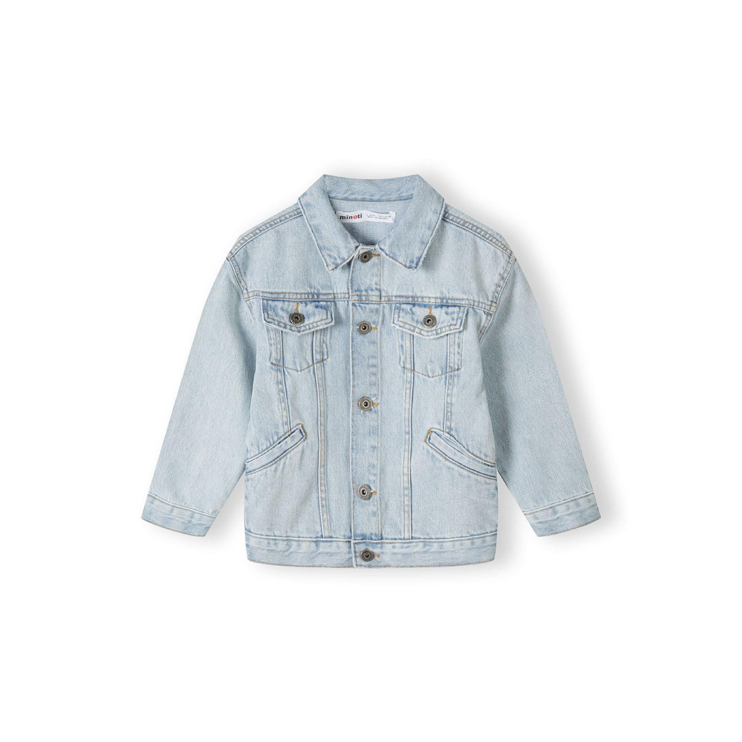 Light blue denim jacket laid flat showing back view with classic construction and seam details on white background