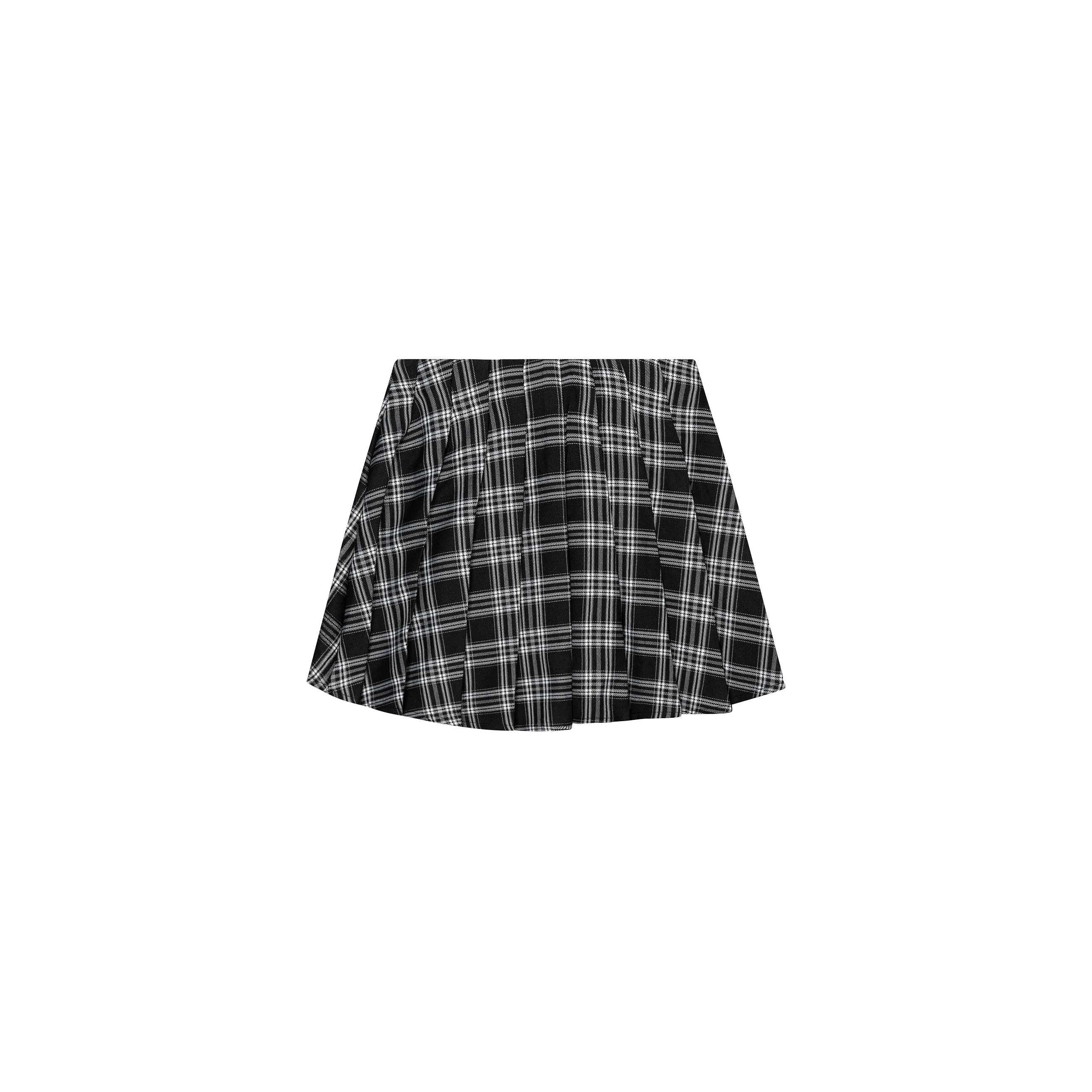 Back view of black and white checked pleated skirt showing full A-line silhouette and pleated construction on white background