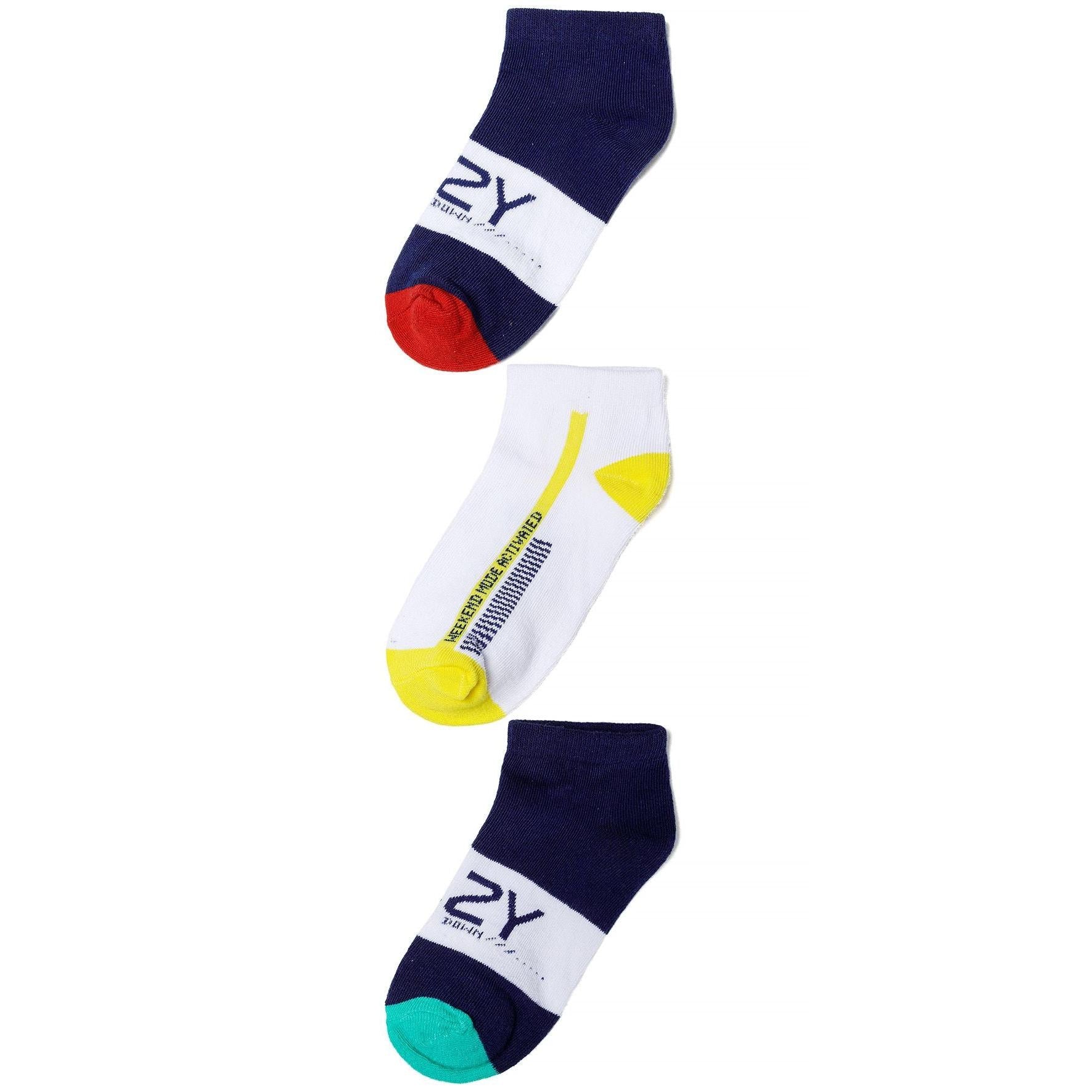 Three trainer socks arranged vertically showing navy sock with red heel, white sock with yellow details, and navy sock with turquoise heel on white background
