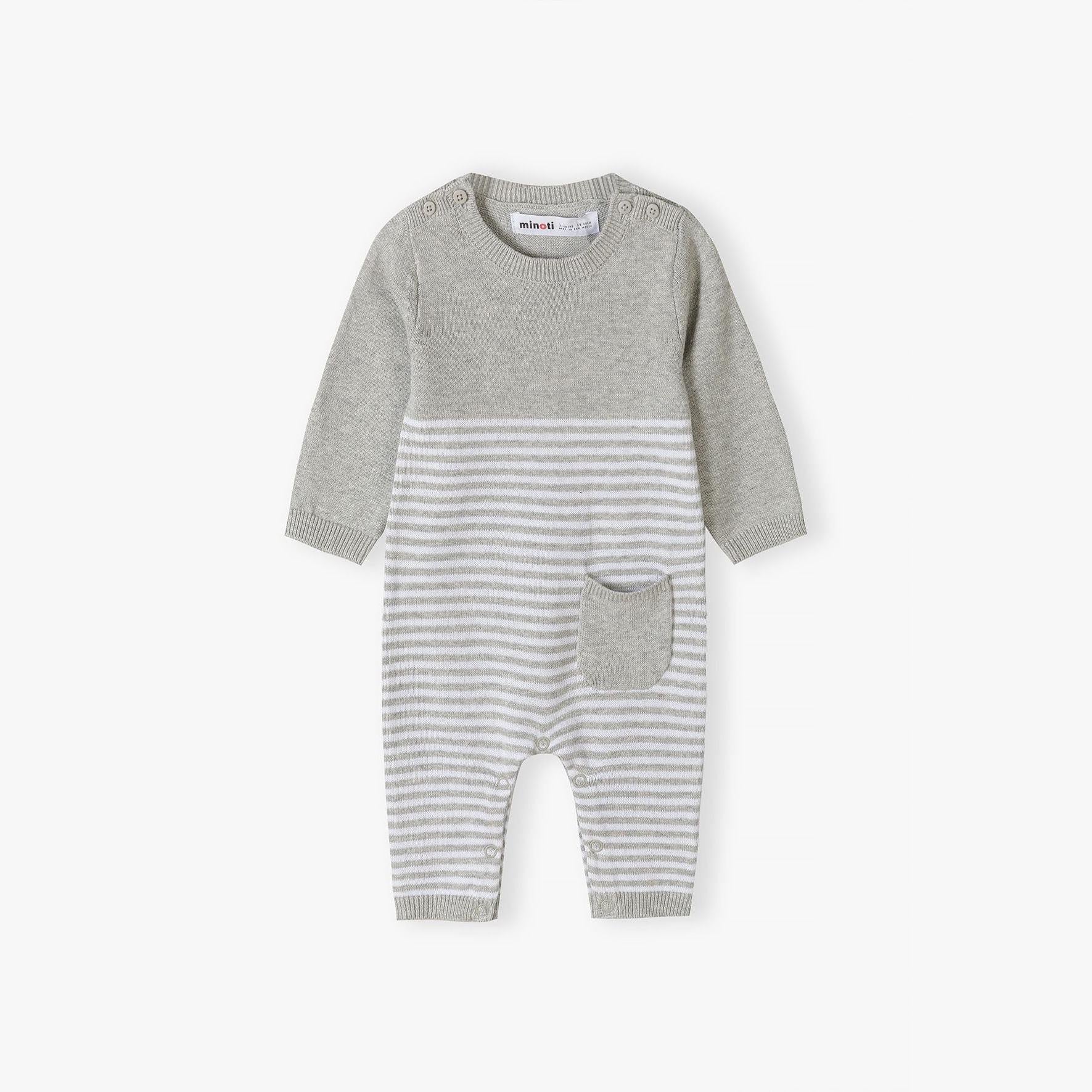 Grey knitted baby romper with white stripe pattern on light background, showing front view with long sleeves and integrated legs
