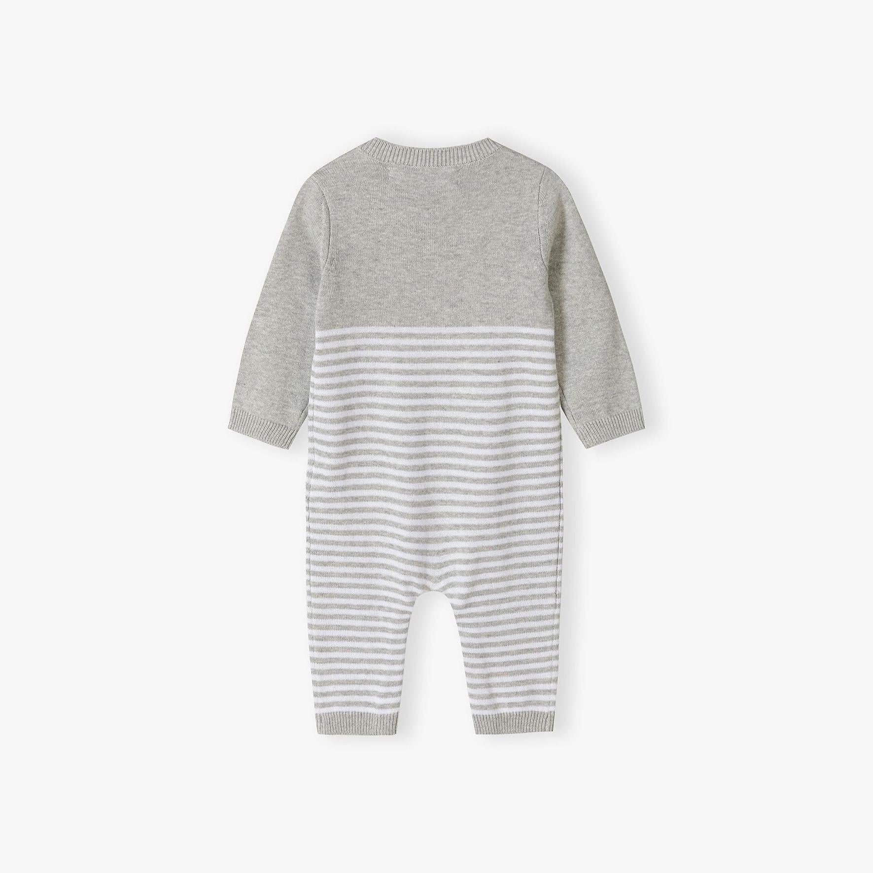 Back view of grey striped knitted baby romper showing shoulder button details and ribbed neckline on white background