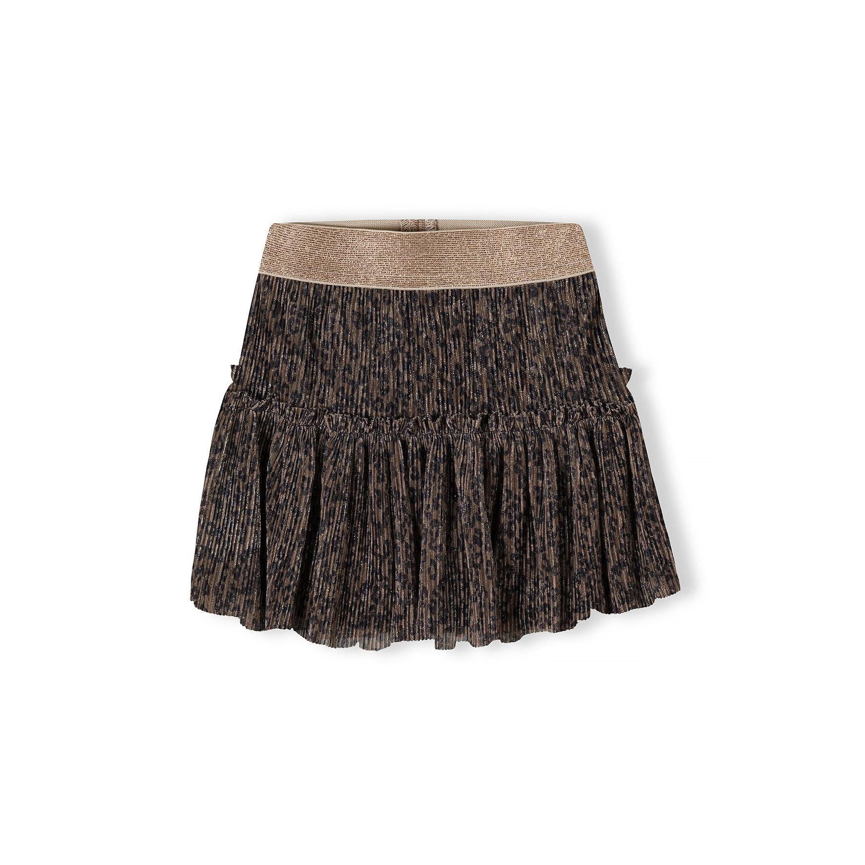 Brown sparkly pleated party skirt laid flat showing tiered ruffle design and elastic glitter waistband against white background