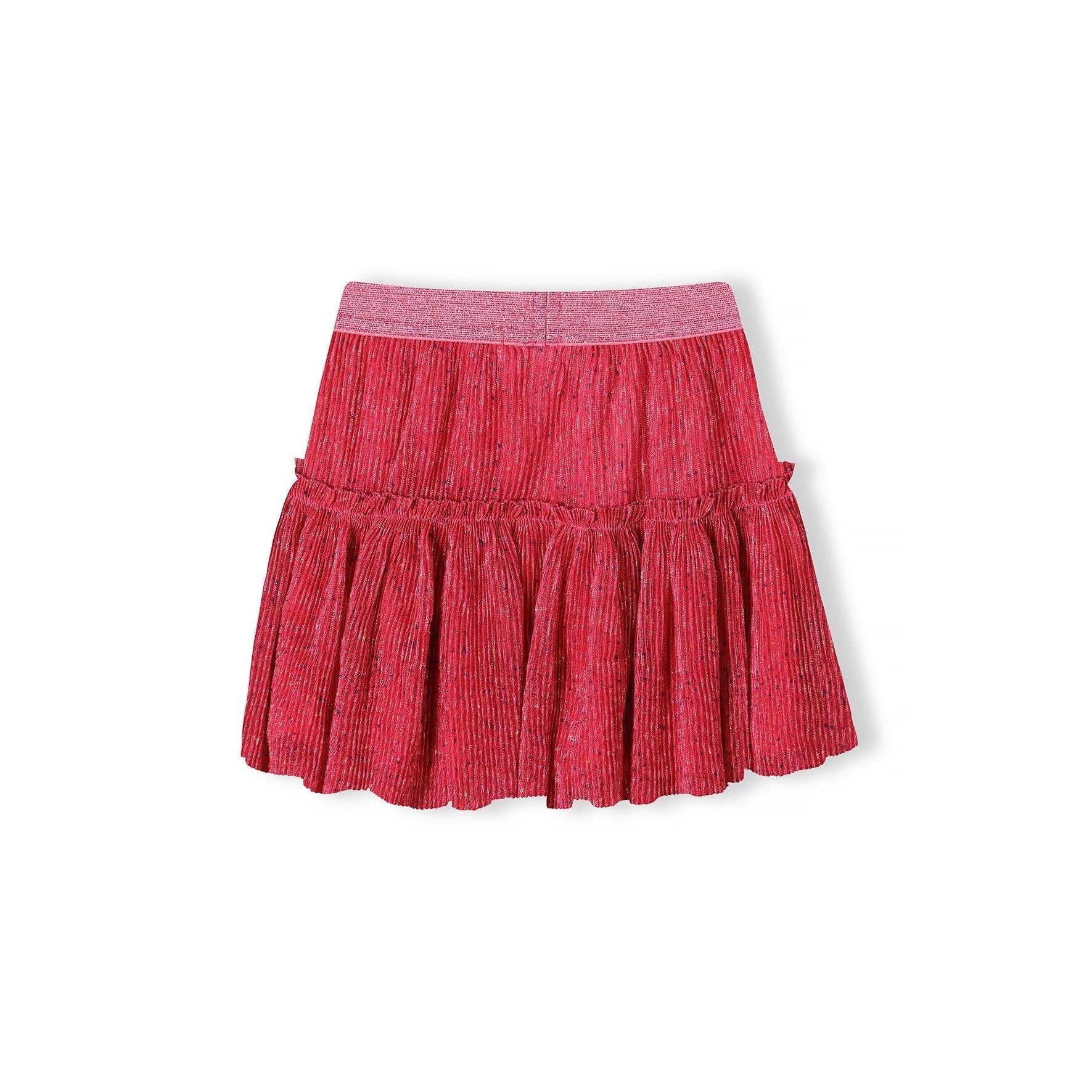 Front view of pink glittery pleated skirt displaying the full tiered silhouette and elasticated waistband on white background