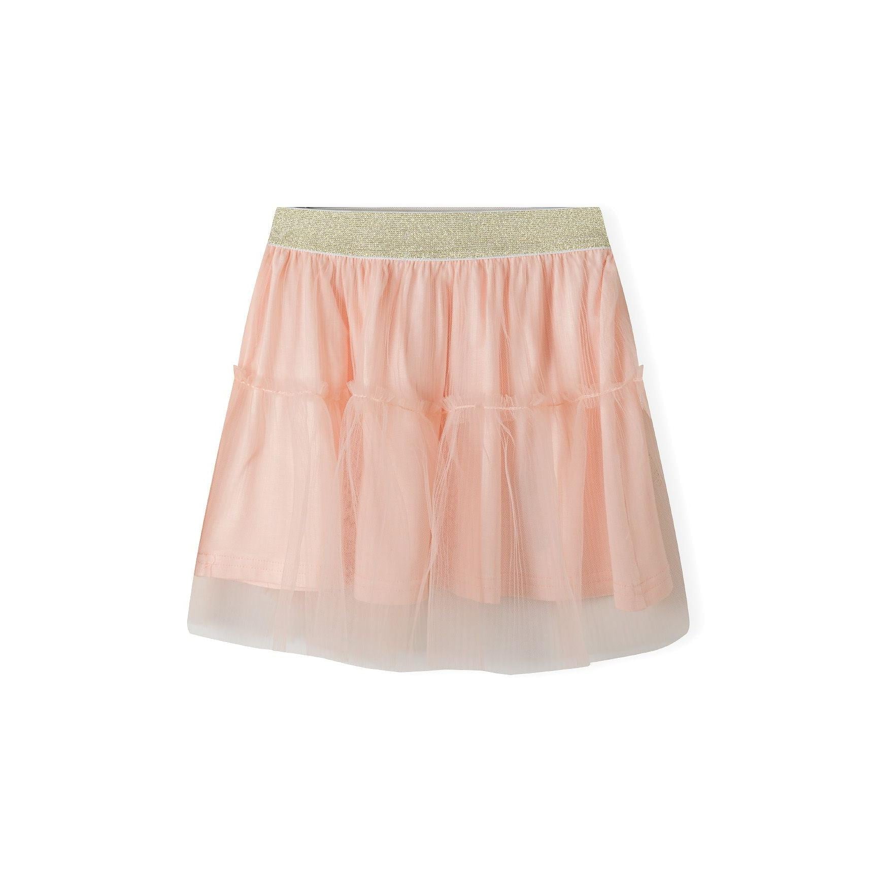 Back view of orange tulle skirt showing gathered waistband and flowing layers of mesh fabric creating voluminous party-ready silhouette