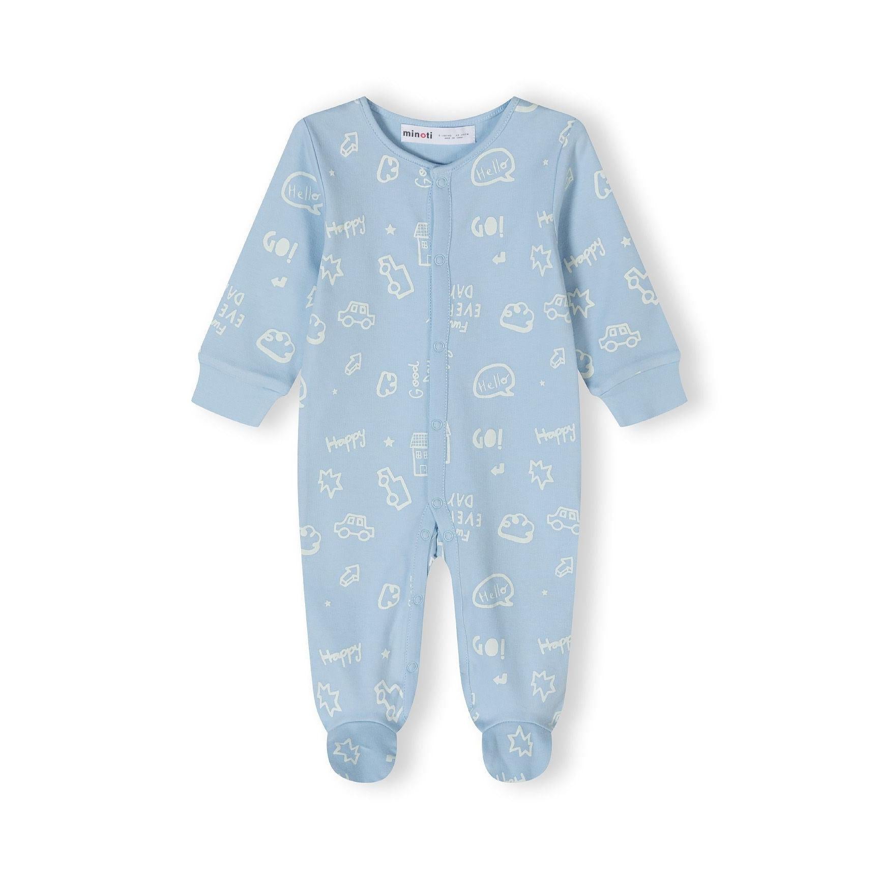 Close-up detail of light blue sleepsuit showing snap button closure and embroidered lion with blue mane design