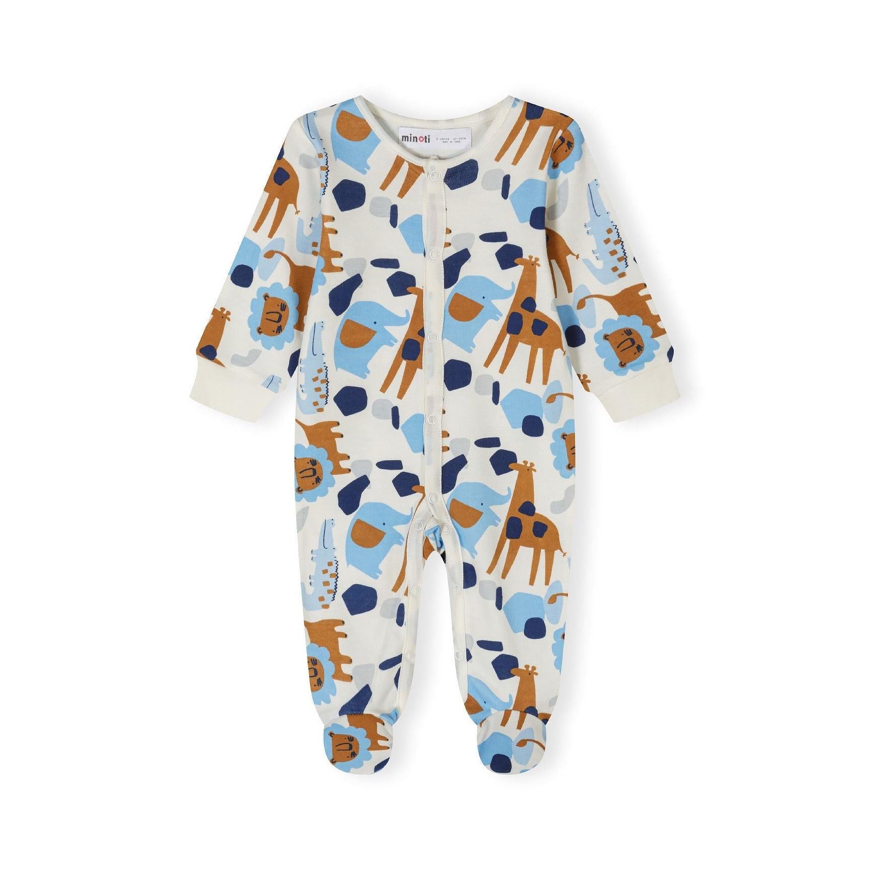 Close-up detail of light blue sleepsuit showing snap button closure and embroidered lion with blue mane design