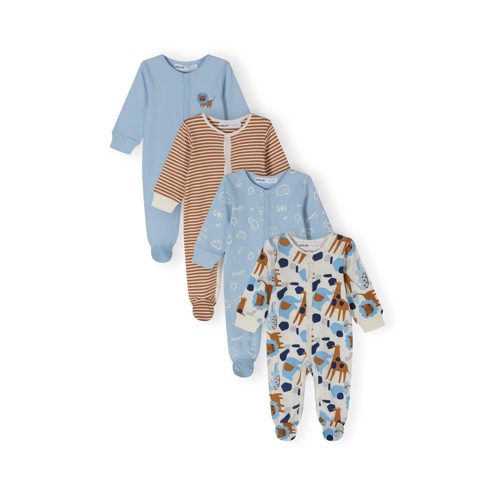 Four baby sleepsuits laid flat showing light blue solid, brown striped, light blue with small prints, and cream with sports equipment patterns