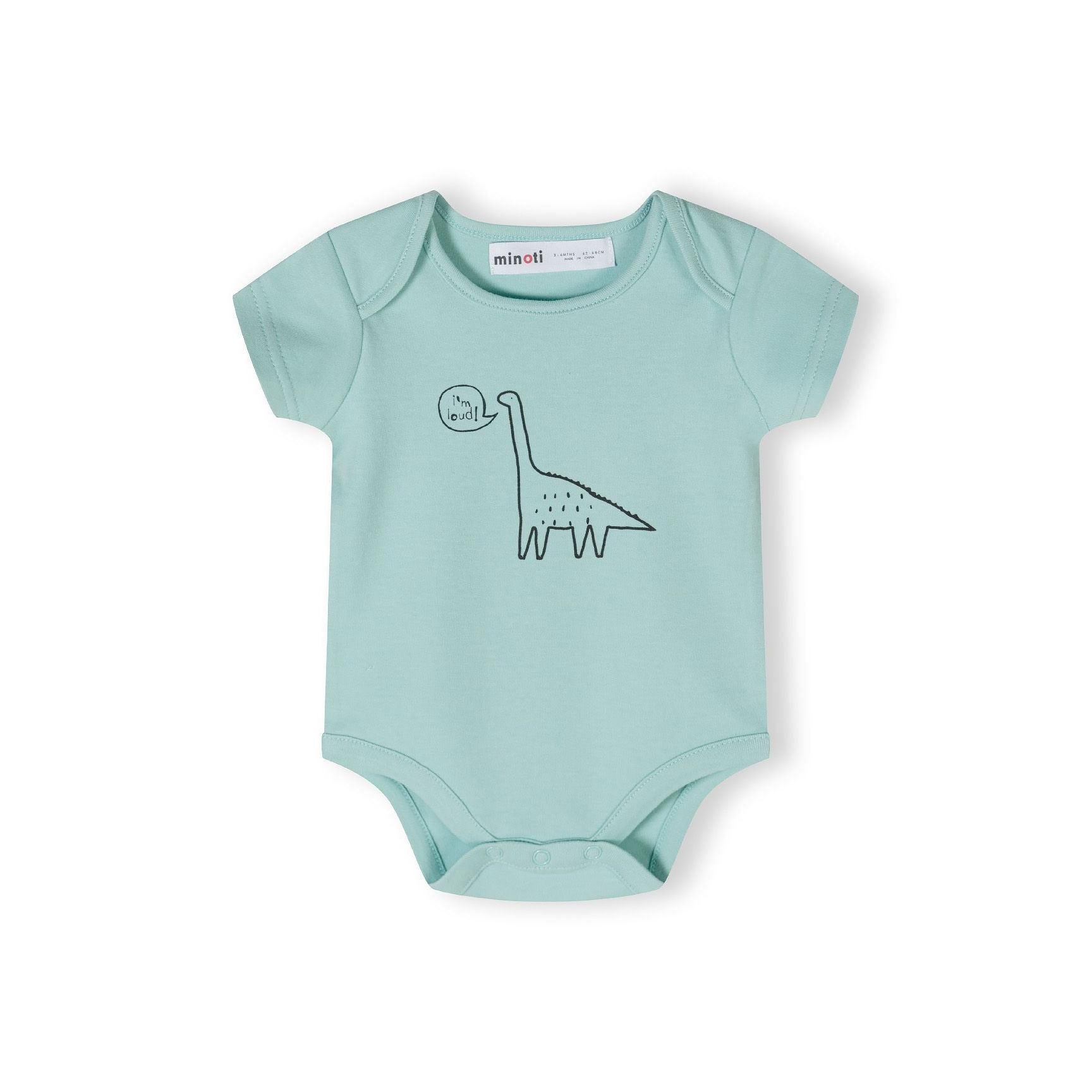 Back view of plain mint green short sleeve bodysuit showing clean design and snap closure at bottom against white background