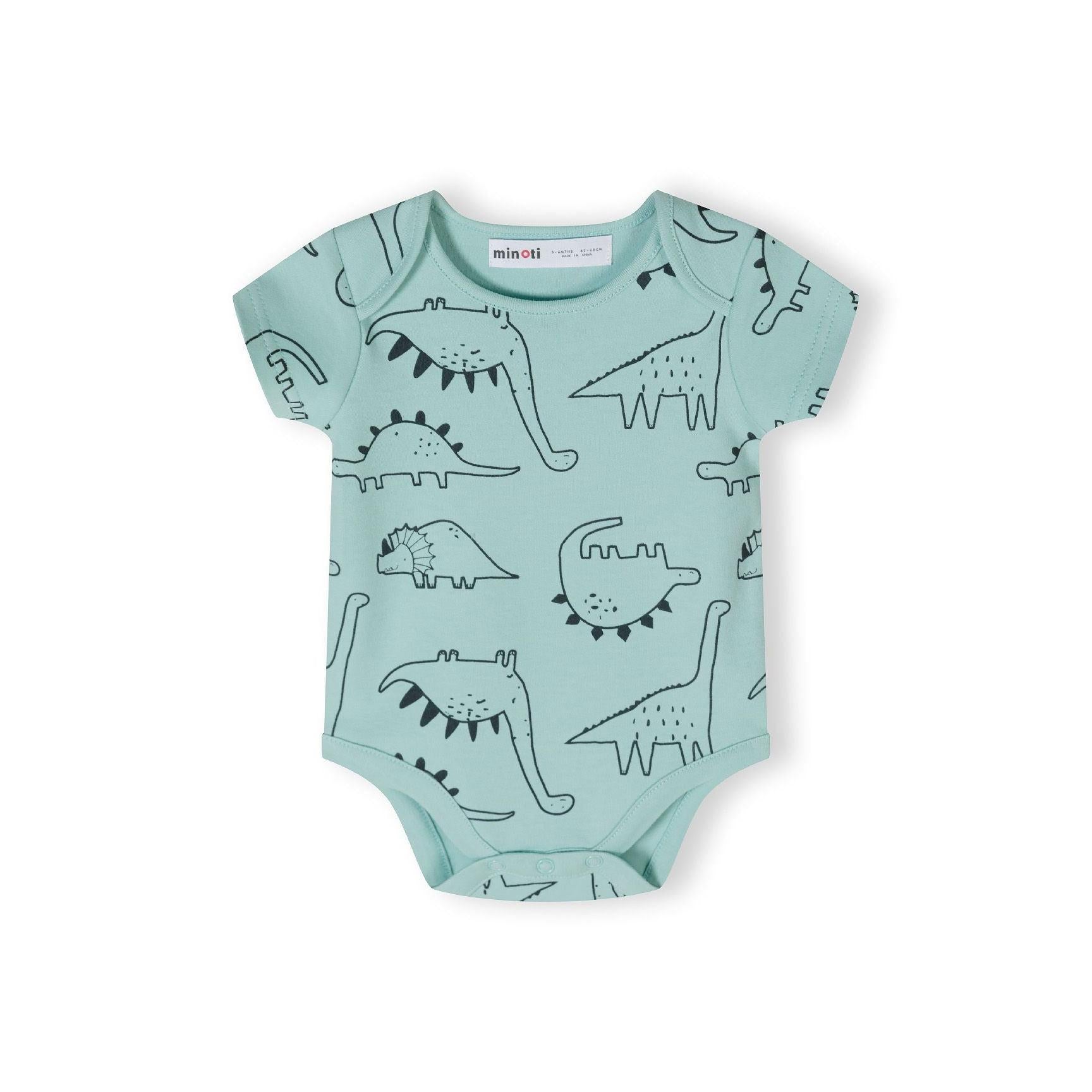 Close-up front view of mint green short sleeve bodysuit with black line drawing dinosaur print pattern and Minoti label at neckline