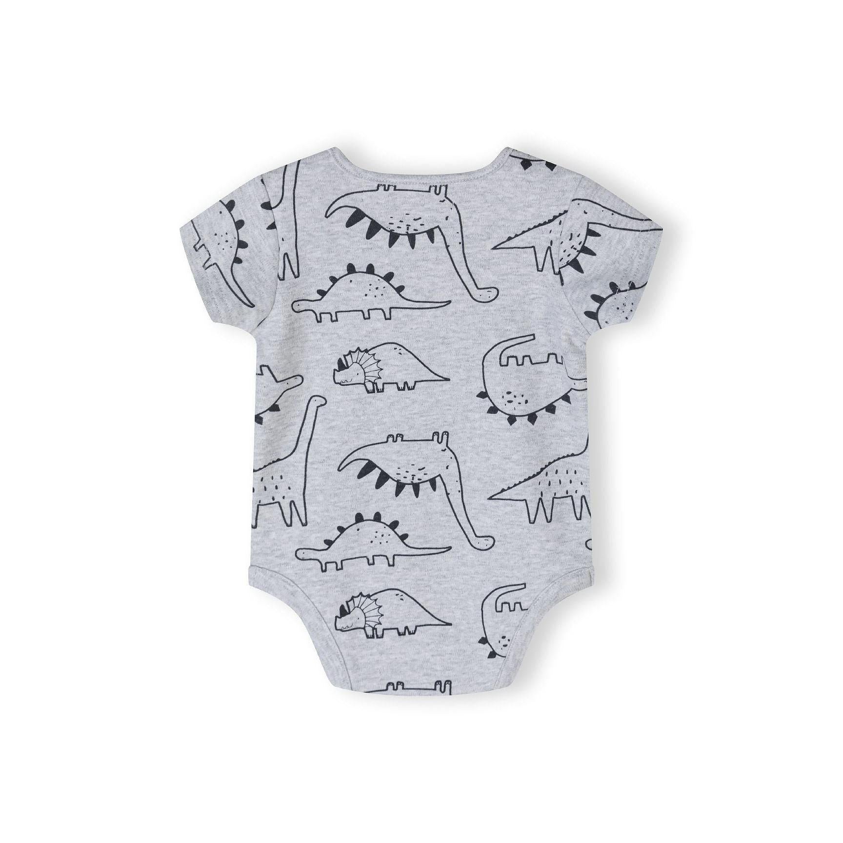 Back view of grey marled bodysuit laid flat showing all-over dinosaur pattern with various dinosaur species in black line art on light grey background