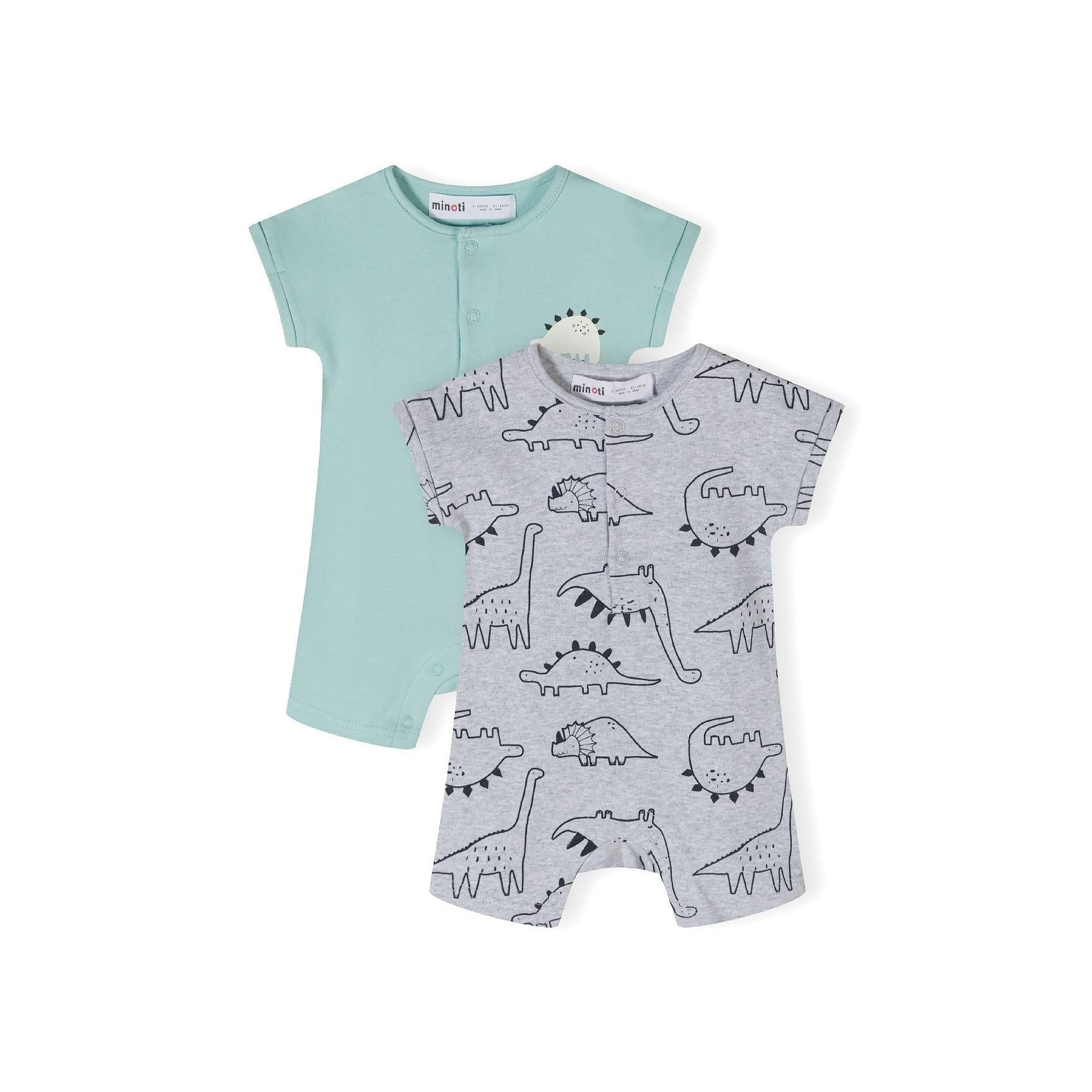 Two baby rompers displayed on white background - mint green romper with dinosaur applique and grey romper with all-over dinosaur pattern print